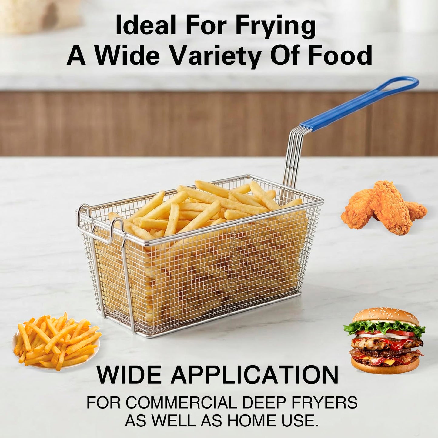 MAHOOMMAKH 2Pcs Deep Fry Basket - 13.2"x 6.5"x 5.9" Stainless Steel Fry Baskets with Handle for Commercial Restaurant Kitchen for Deep Fryer
