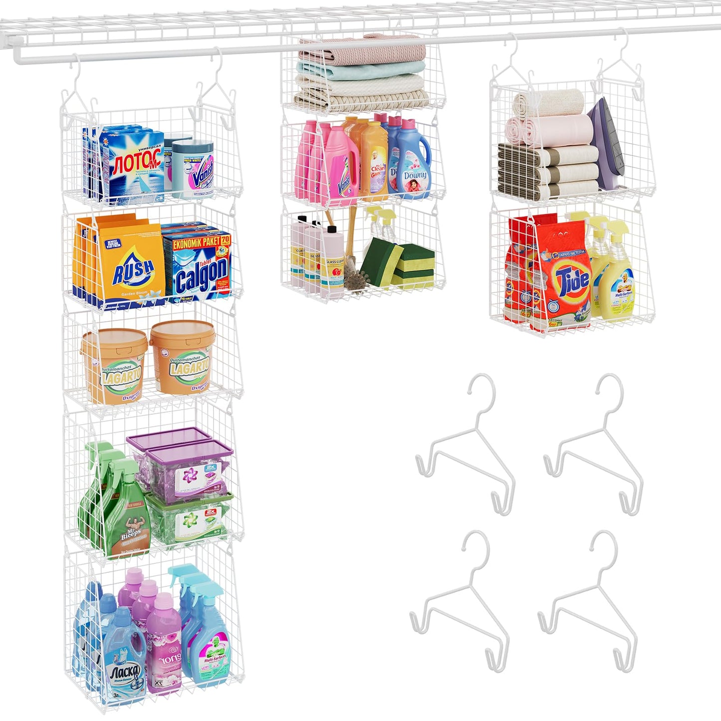 Sonyabecca 5-Tier Hanging Laundry Basket Organizer: Foldable Wire Shelf Basket with 4 Large Hooks 1.65" & 360°Rotating Hooks – Space-Saving Laundry Room Organization for Wardrobe Closet, White Patent