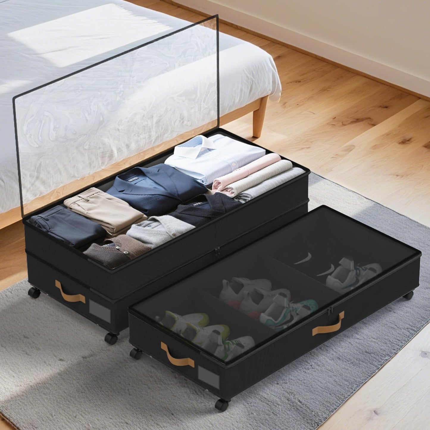 BETBEM Under Bed Storage with Wheels 2-Pack, 75L XXL Under the Bed Storage Containers Large, 12" Tall Adjustable Storage for Underbed with Lids, Rolling for Shoes, Clothes, Blankets (Black)