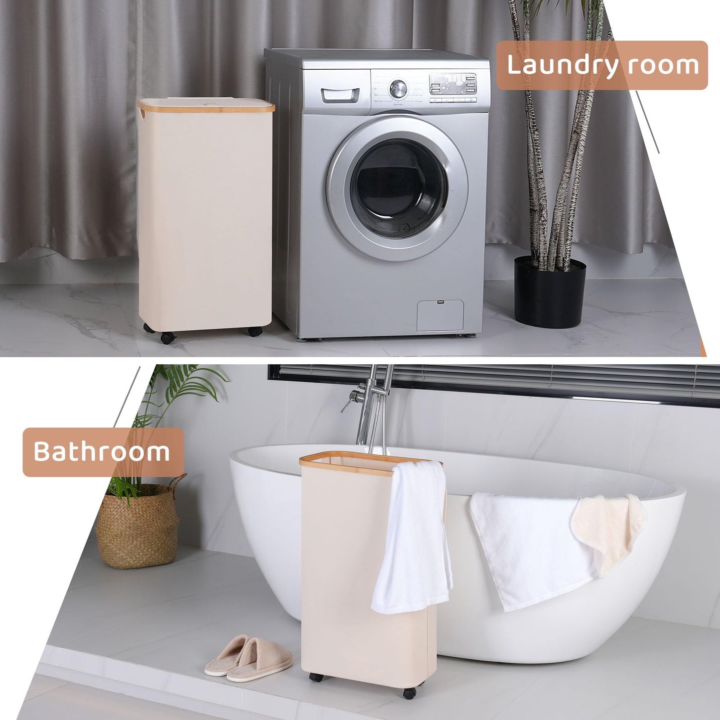 Merkisa Slim Laundry Basket with Wheels,Narrow Hampers for Laundry,Freestanding Laundry Hamper with Lid&Bamboo Handles,Collapsible & Waterproof Tall Cloth Hamper for Dorm Family(60L Beige)