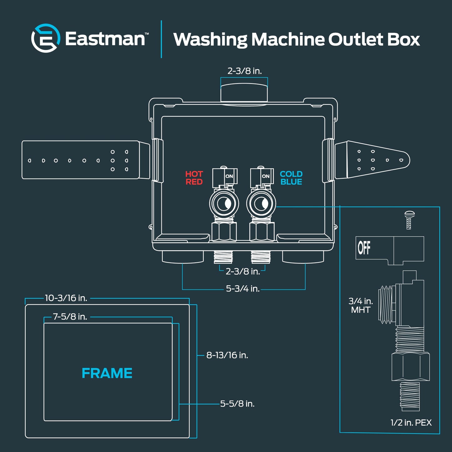 Eastman 1/2 Inch Crimp PEX Connection x 3/4 Inch MHT Washing Machine Outlet Box, Push to Connect Brass Plumbing Fittings, Double Drain, 60245