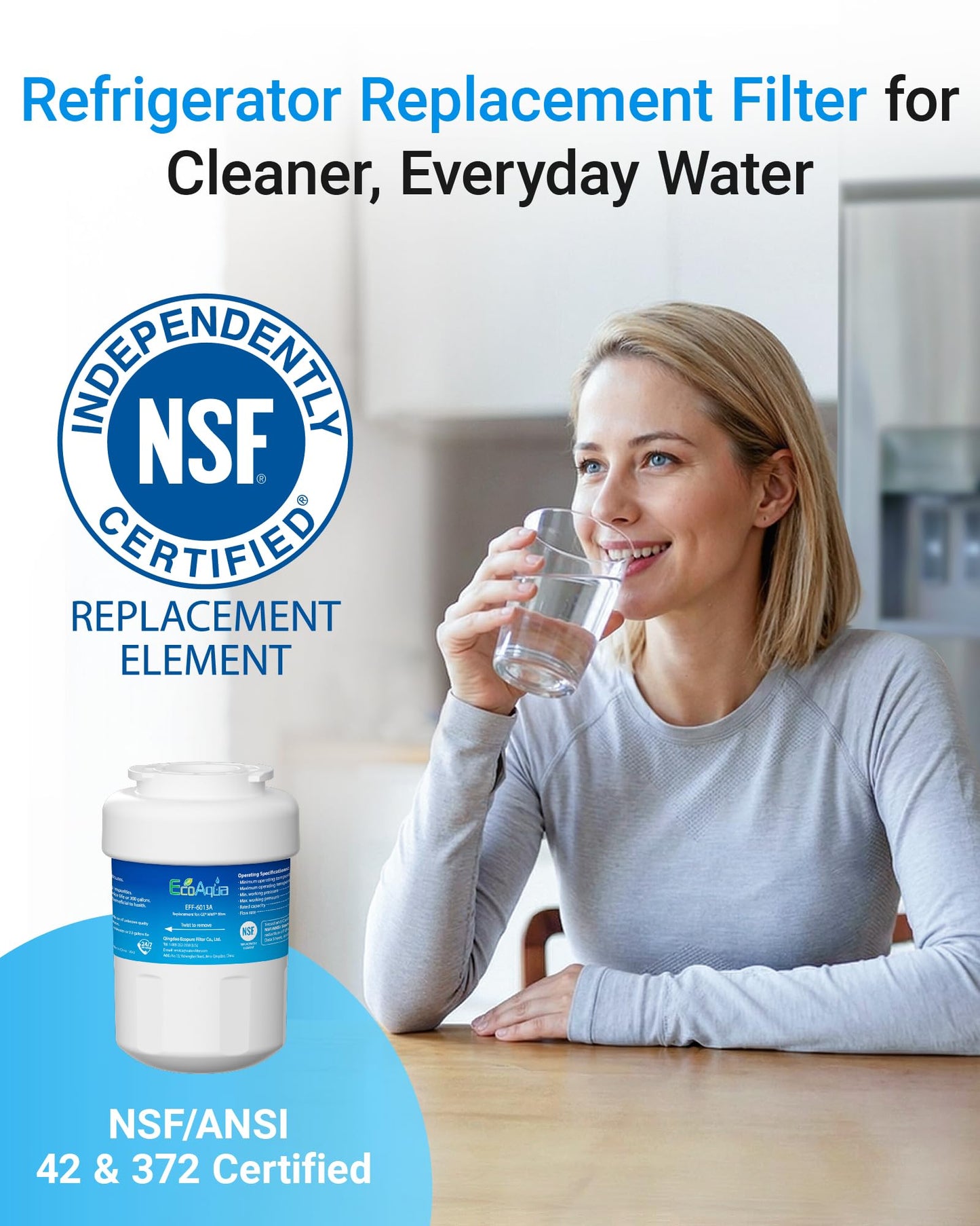 EcoAqua EFF-6013A Replacement Filter, Compatible with GE MWF SmartWater, MWFA, MWFP, GWF, GWFA, 46-9991, HDX FMG-1, WFC1201, GSE25GSHECSS, PC75009, RWF1060 Refrigerator Water Filter, 3 Pack