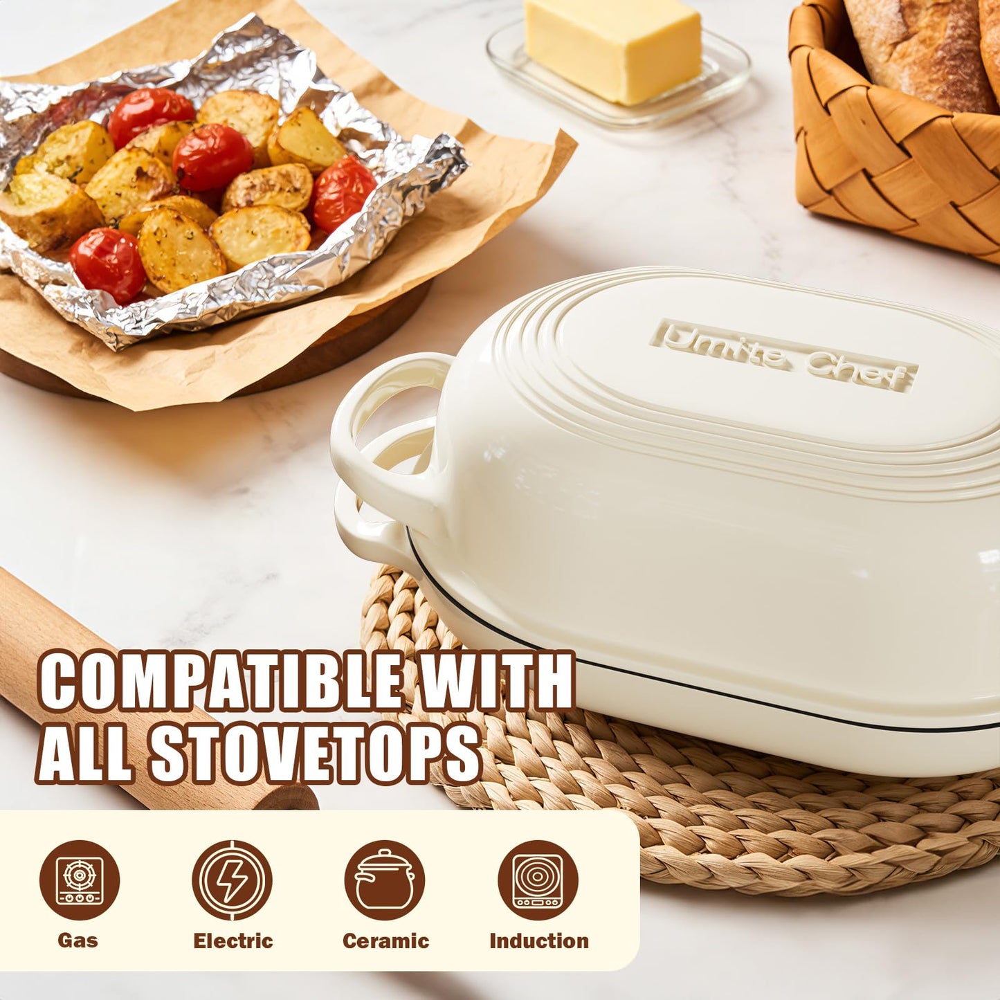 Enameled Cast Iron Dutch Oven for Bread Baking - incl. Sourdough Bread-Baking Supplies like Banneton Bread-Proofing Basket - 5QT Loaf Cast Iron Bread Oven Pan& Meatloaf Pan with Lid, Sour Sough Tools, Lame (Cream White)