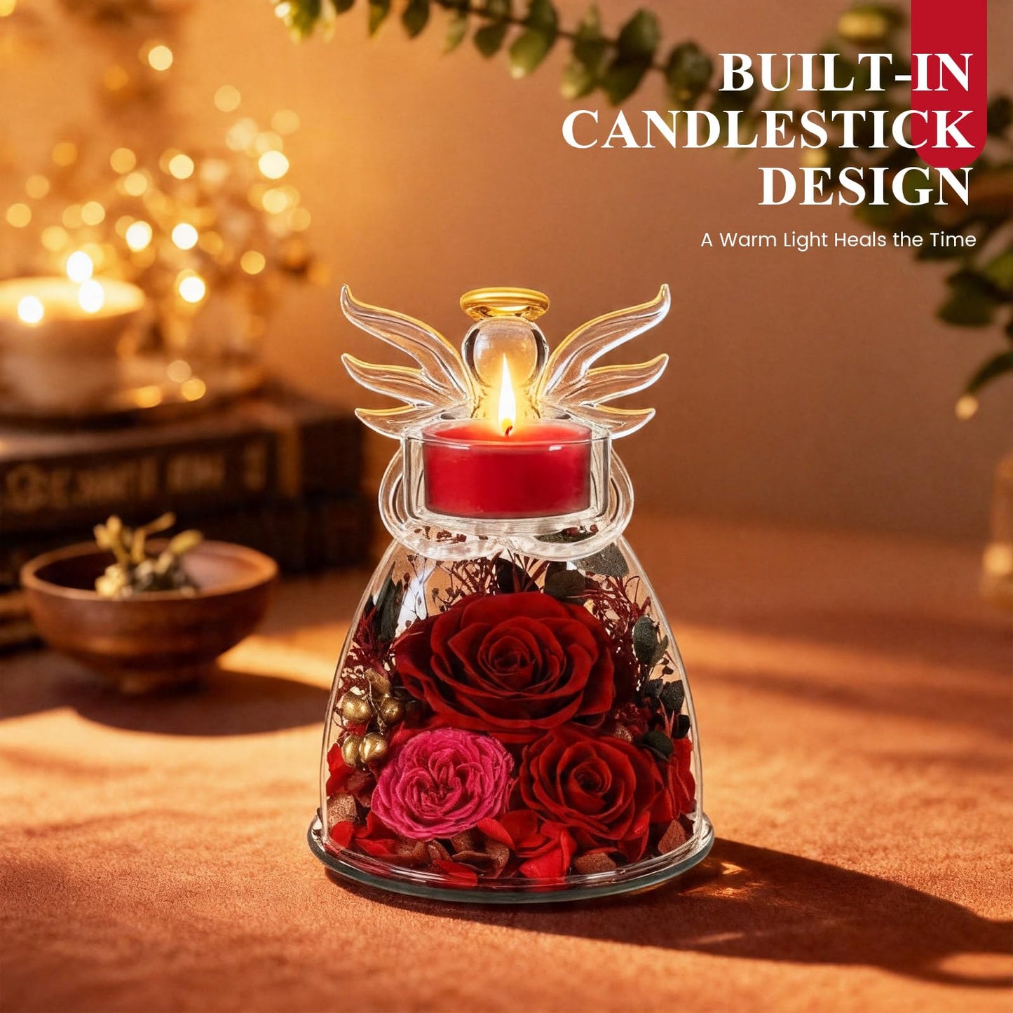 Agrul Mothers Day Roses Gifts for Mom Women,Preserved Real Flowers Roses in Glass Angel Figurines Candle Holder with Tealight Candle Holder/Red