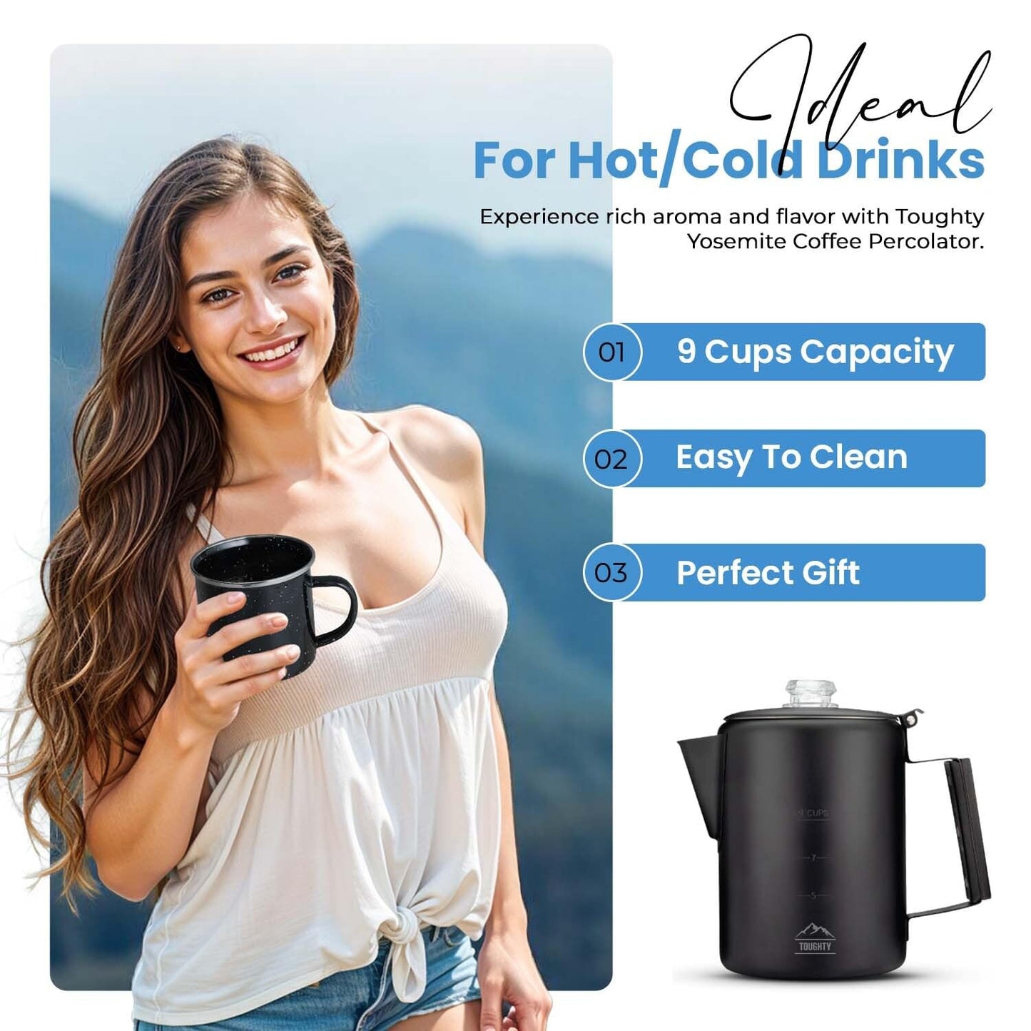 Toughty Yosemite Percolator Coffee Pot – Classic Stovetop Coffee Maker for Camping, Hiking & Home, Durable Stainless Steel Pot, Compatible with All Stovetops – Old-Fashioned 9-Cup Percolator, Black