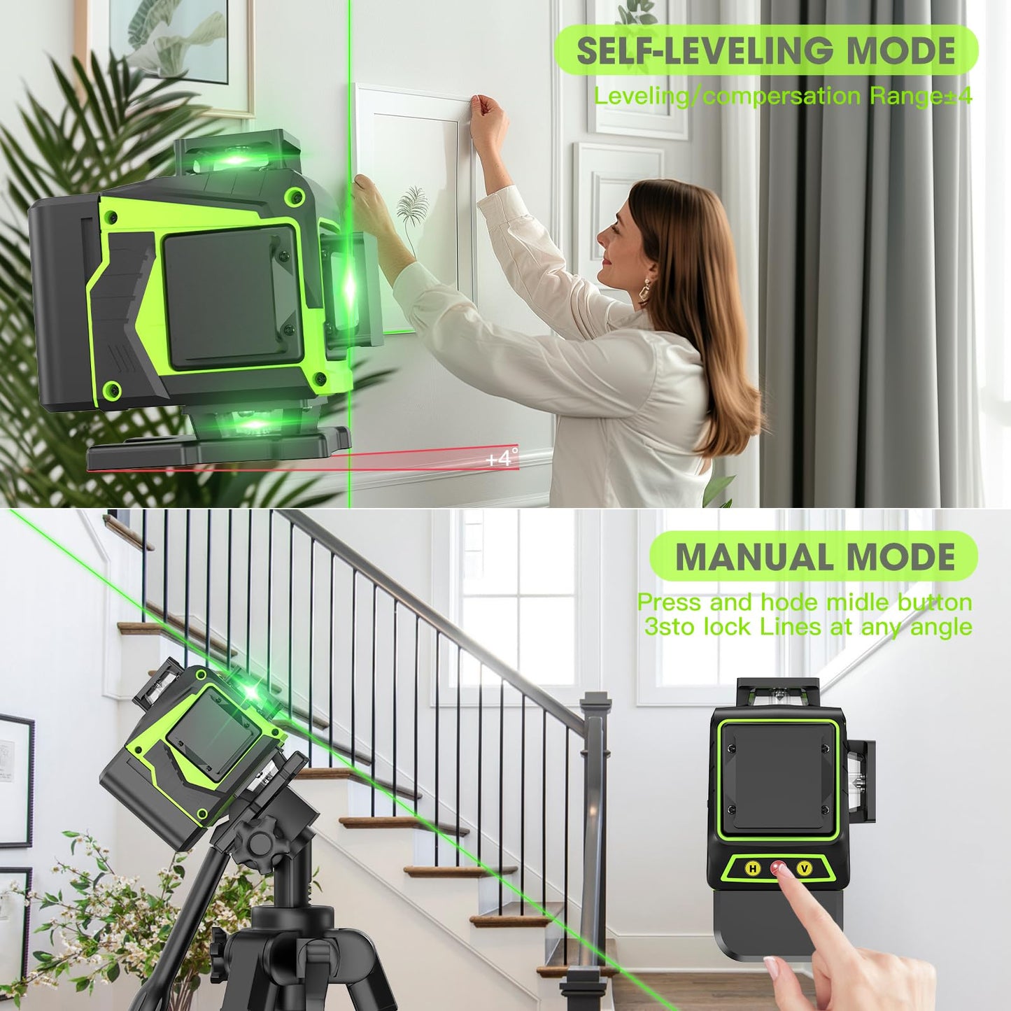 16 Line Laser Level 360 Self Leveling, 4x360°Professional 4D Green Cross Line laser Level with 2 Batteries, Adjustable Brightness & Remote Control, for Tiling Floor Construction and Picture Hanging