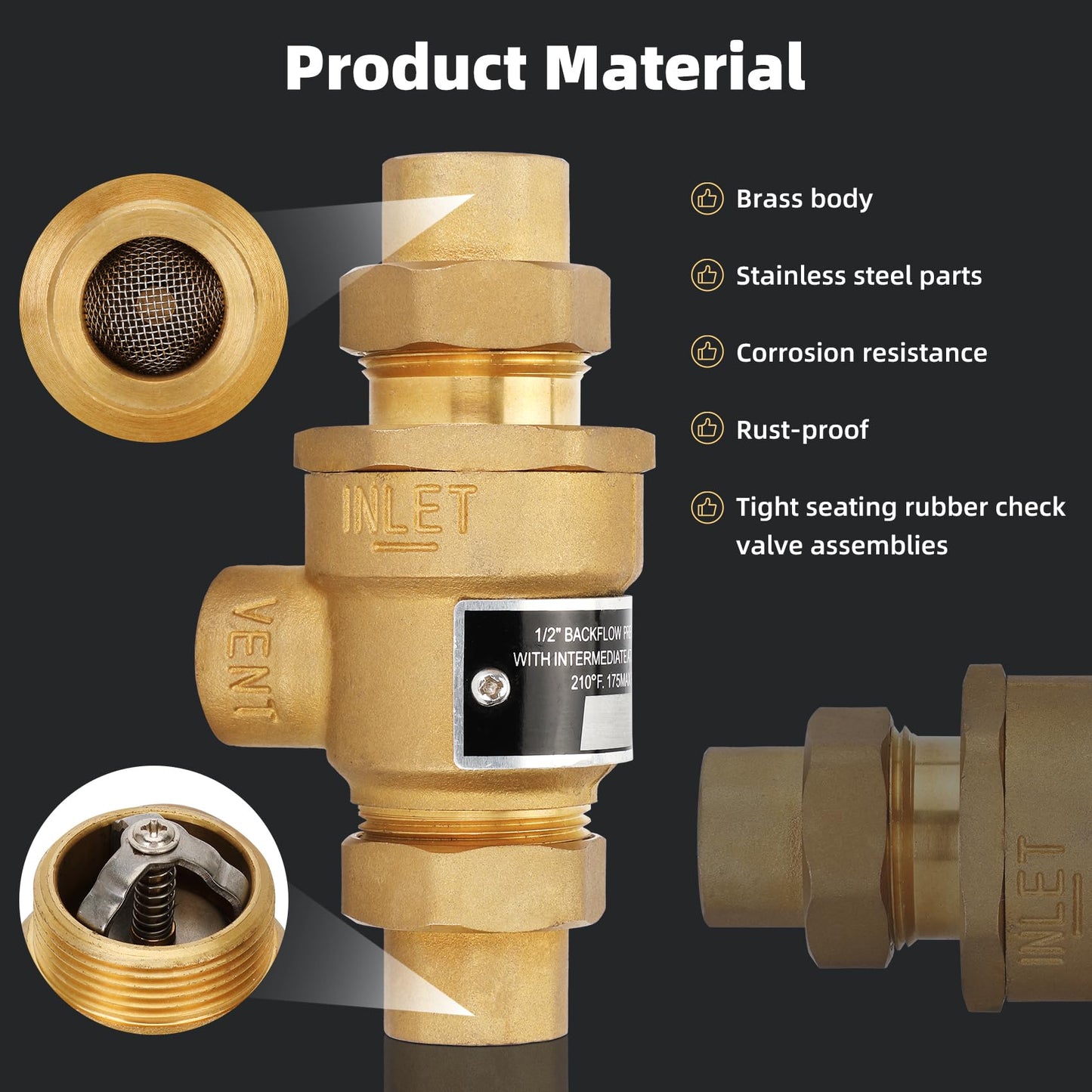 1/2" 9D-M3 Backflow Preventer Brass Dual Check Valve with Intermediate Atmospheric Vent,1/2 Inch,Female Union Inlet and Outlet,190T012,Replacement for Watts