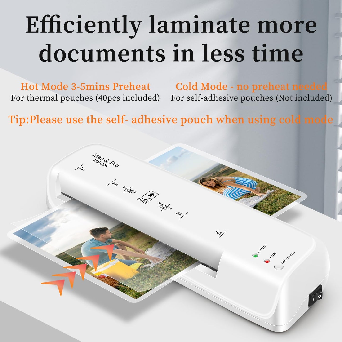 Mas & Pro Laminator Machine with 40 Laminating Sheets for Home/Office/Teachers, 9 Inch Durable Thermal Laminator for Letter/A4/Photos/Cards, Never Jam, 3mil & 5mil, White