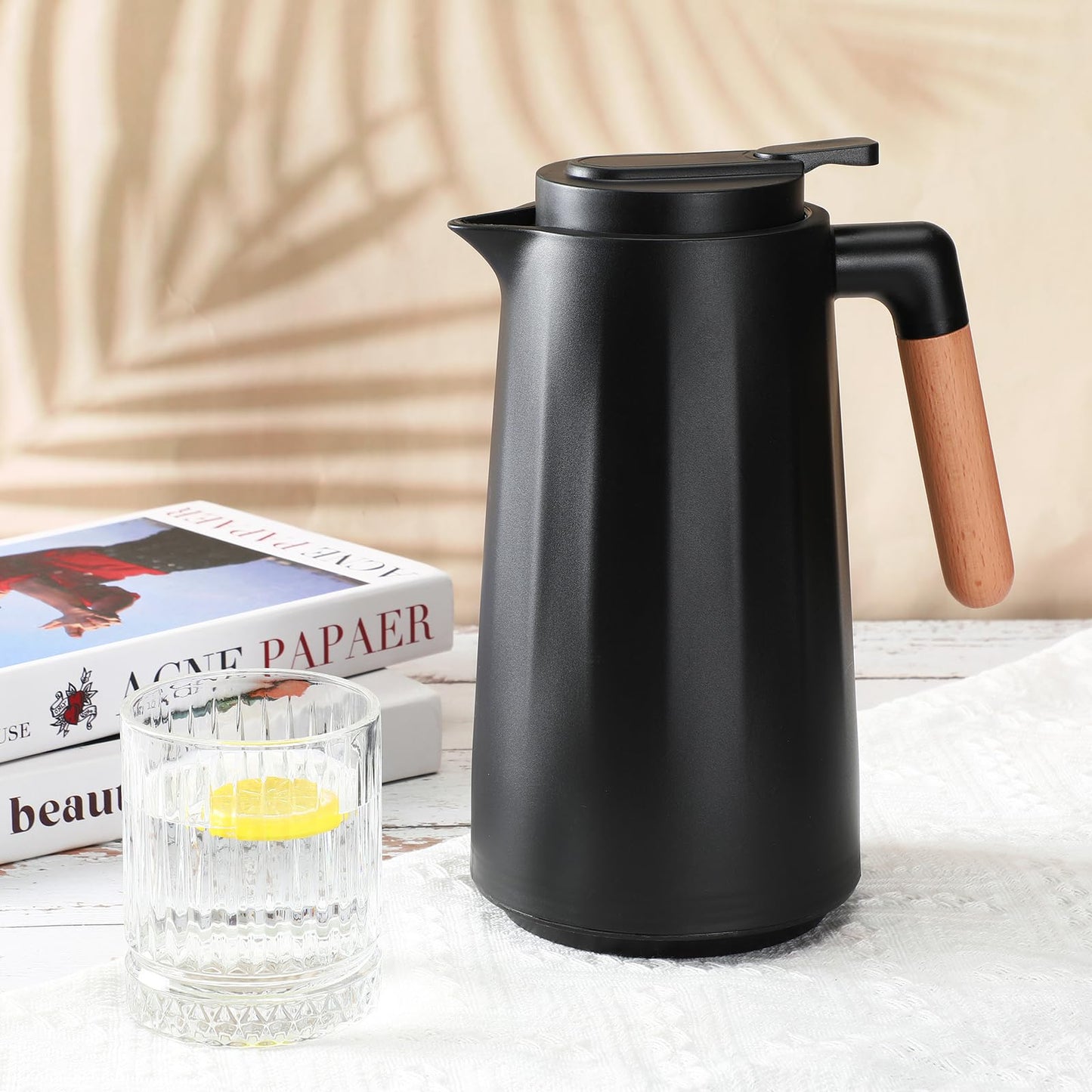 Ziliny 2 Pcs 34 oz Thermal Coffee Carafe for Keeping Hot/Cold Double Wall Vacuum Carafe with Insulated Glass Liner and Wood Handle Coffee Pot Container for Drinks Milk Tea Chocolates(Black)