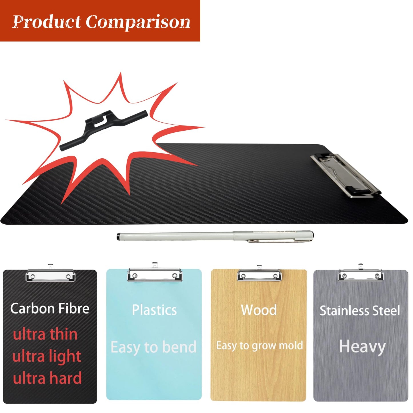 YOOOYOOO 9.4 * 12.6 * 0.06inch Carbon Fiber clipboard,Ultra Hard&Weight Light&Portable,Strong Black Low Profile Clip with Hook&Pen Holder,Letter/A4 Size Writing Board,Classic 3k Twill