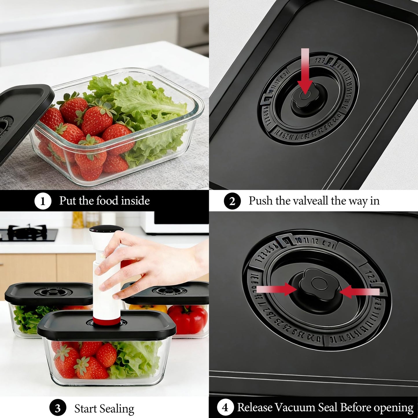 Seadasyoon Glass Vacuum Containers for Food Fresh & Save Storage, Made For Compact Vacuum Sealer, 3pcs Mixed Set Small, Medium, Large With Handheld Vacuum Sealer Machine