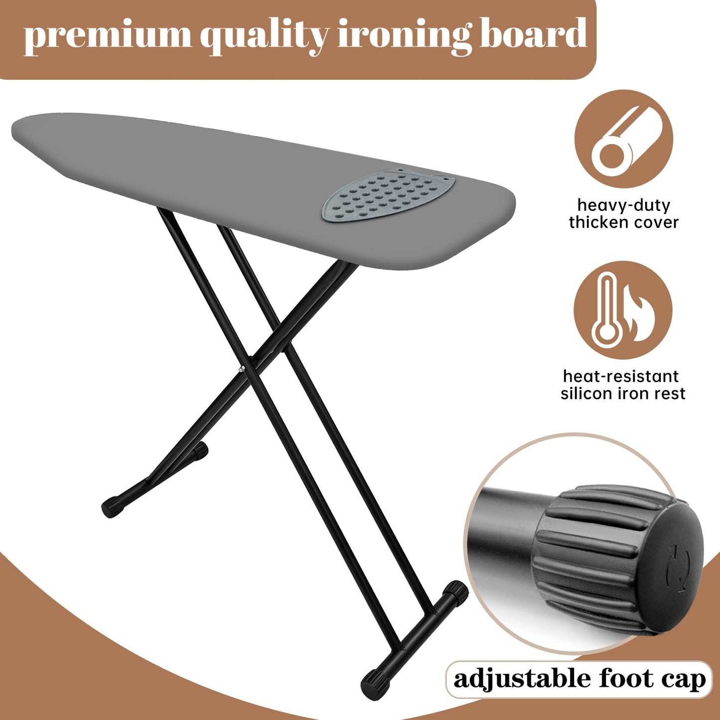 RIZTAIK Ironing Board, Compact and Space Saver,Size 13 x 43, Metal Construction Ironing Boards with Extra Thick Heavy Duty Padded, Stable Structure,Skid Feet, Premium Iron Board (Grey)