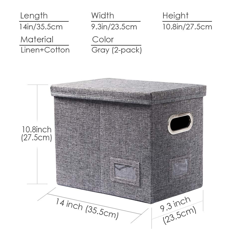 PRANDOM File Organizer Box - Set of 2 Collapsible Decorative Linen Filing Storage Hanging File Folders with Lids Office Cabinet Letter Size Grey (14x9.3x10.8 inch)