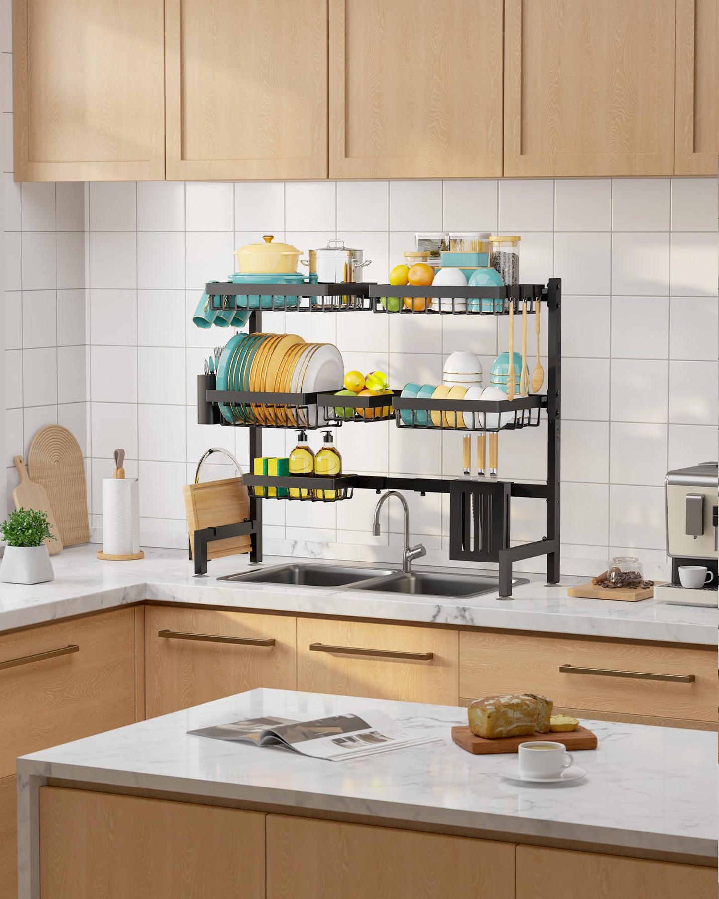 Sakugi Over The Sink Dish Drying Rack - Adjustable 3 Tier XX-Large Capacity Stainless Steel Drainer with Cutlery & Utensil Holders, Kitchen Storage & Organization, 31.5"-39.5"L x 12"W x 30.5"H, Black