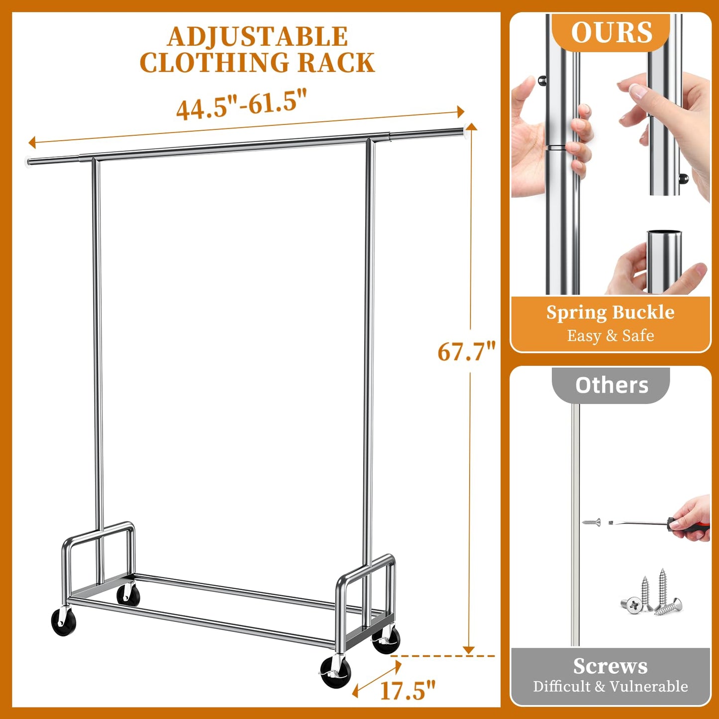 Simple Trending Heavy Duty Clothing Clothes Rack with Wheels for Hanging, Metal Rolling Garment Rack Organizer Load 500 LBS, Chrome