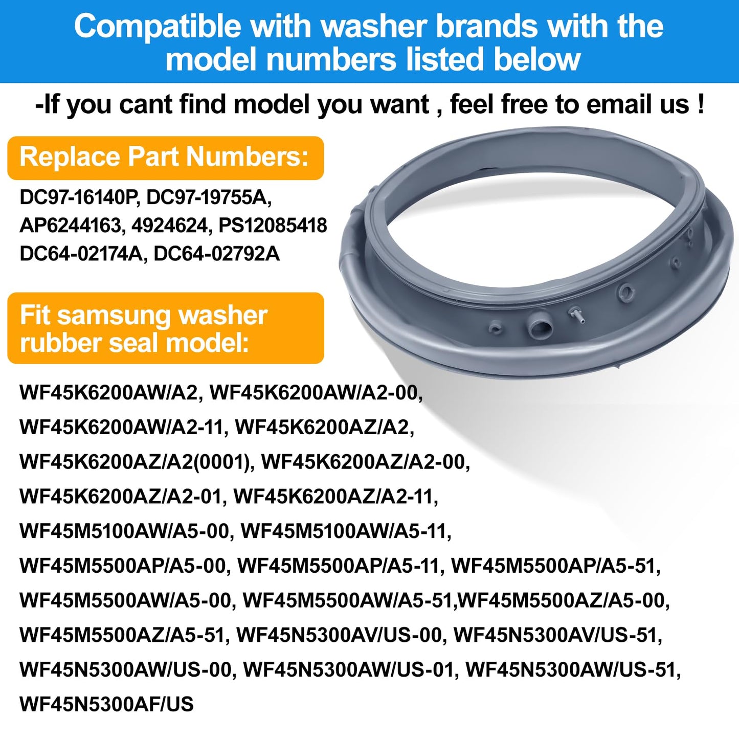 Upgraded DC97-16140P DC97-19755A Washer Door Gasket Boot Seal Bellow Diaphragm Compatible with Samsung Front Load Washer Door Seal WF45N5300AW/US WF45M5500AZ/A5 WF45K6200AW/A2 WF45K6300AW/A2 Parts