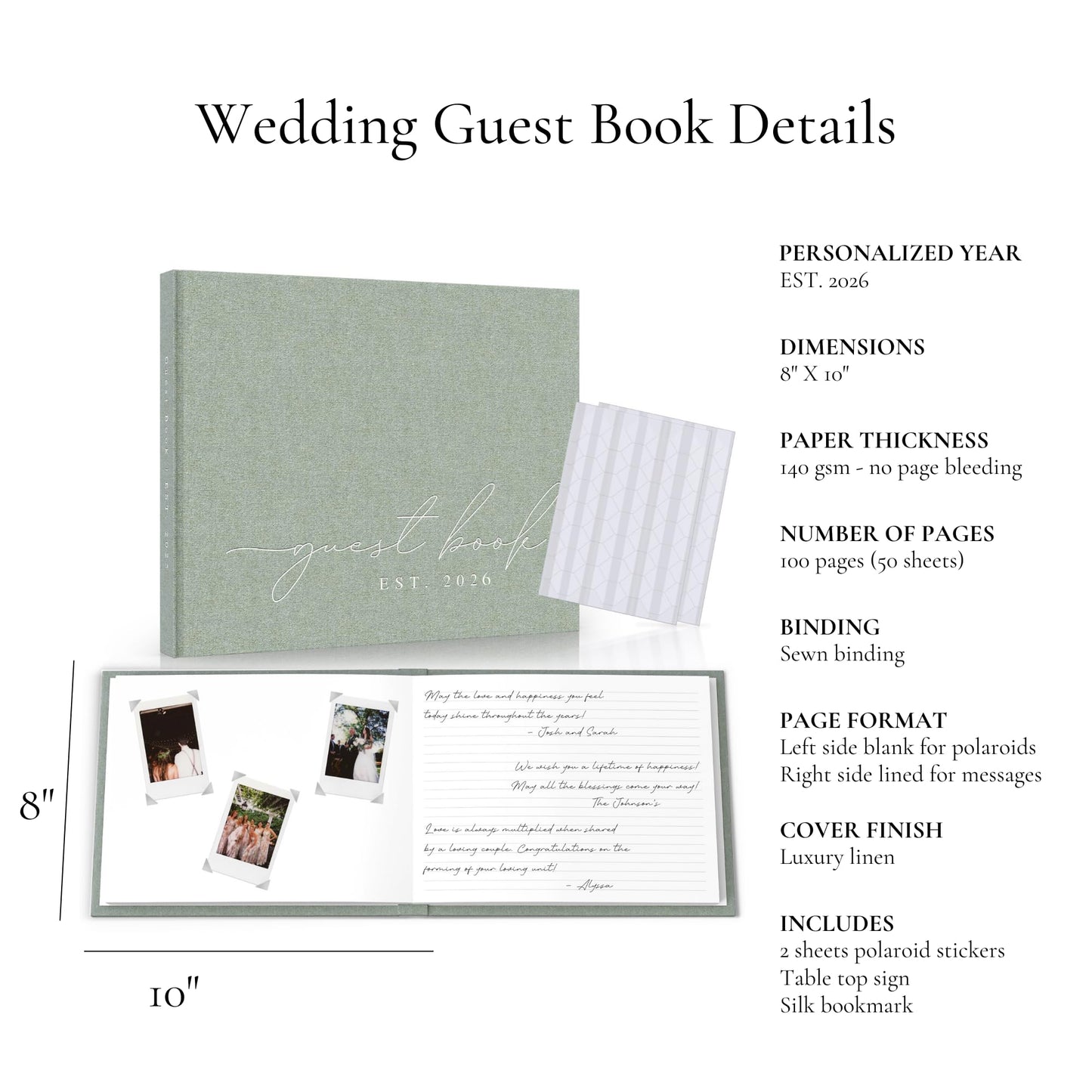 Wedding Guest Book With Personalized 2026 Year - Linen Photo Guestbook to Sign at Reception Party - Includes Clear Photo Corners Self Adhesive - 100 Pages Blank and Lined Thick Paper Guest Books