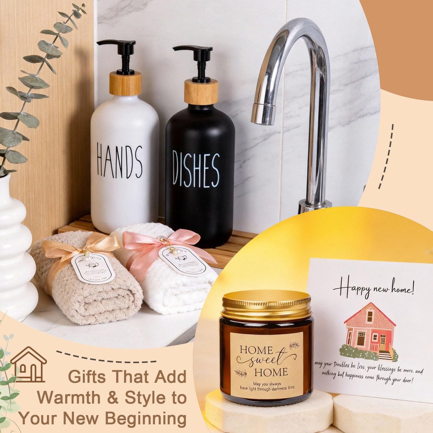 House Warming Gifts New Home, 19pcs New Home Gift Basket For Homeowners, Couple Women Neighbor - Includes Decoration, Kitchenware, Towel, Greeting Card, First Time Home Buyer Gift, Housewarming Gifts