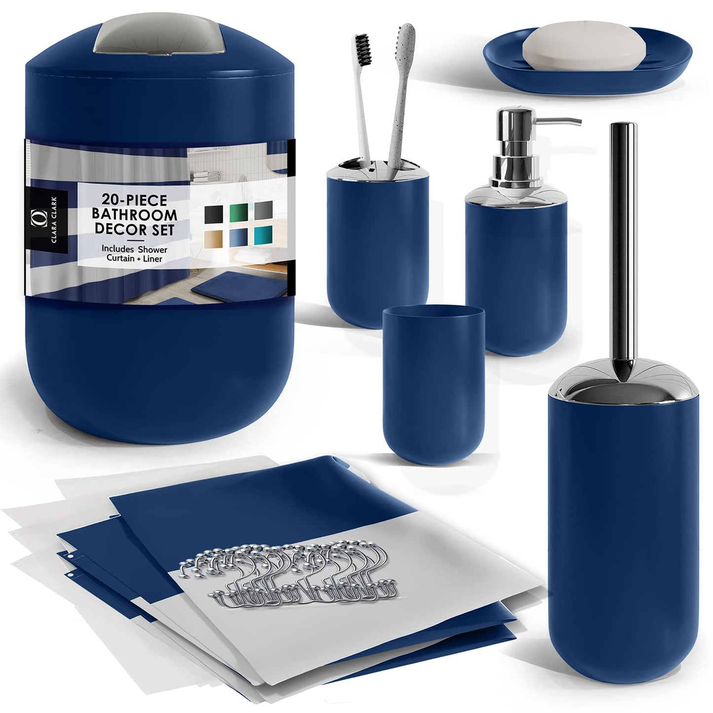 Clara Clark Bathroom Set - Navy Bathroom Accessories Set, 20PC Bathroom Accessory Set, Shower Curtain Set with Liner, Toothbrush Holder, Soap Dispenser, Soap Dish, Toilet Brush Holder, and Trash Can