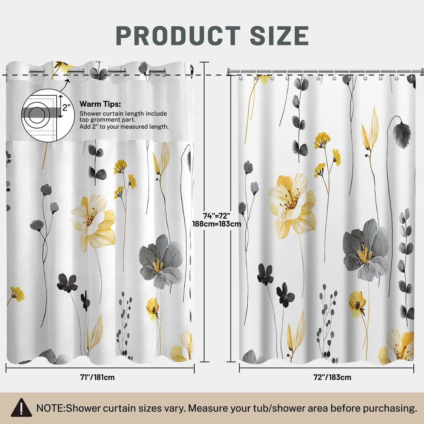 WITHLOC No Hook Shower Curtain with Snap in Liner - Floral Shower Curtain - Fabric Waterproof Inner Liner, Plants Watercolor Yellow Gray Modern Cloth Shower Curtains - Machine Washable, 71 x 74