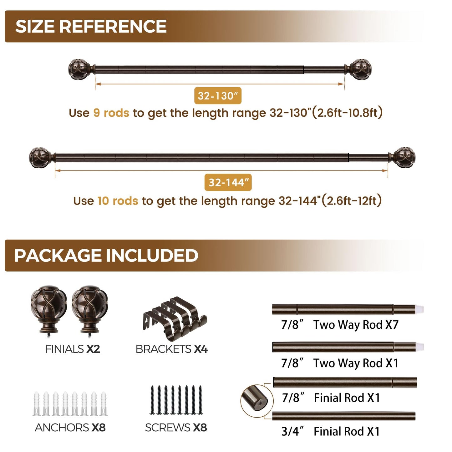 KAMANINA Curtain Rods for Windows 72 to 144 Inches (6-12ft) Long Heavy Duty Curtain Rod, 7/8 Inch Adjustable Decorative Drapery Rods with Netted Texture Finials, Bronze, Size: 32-144"