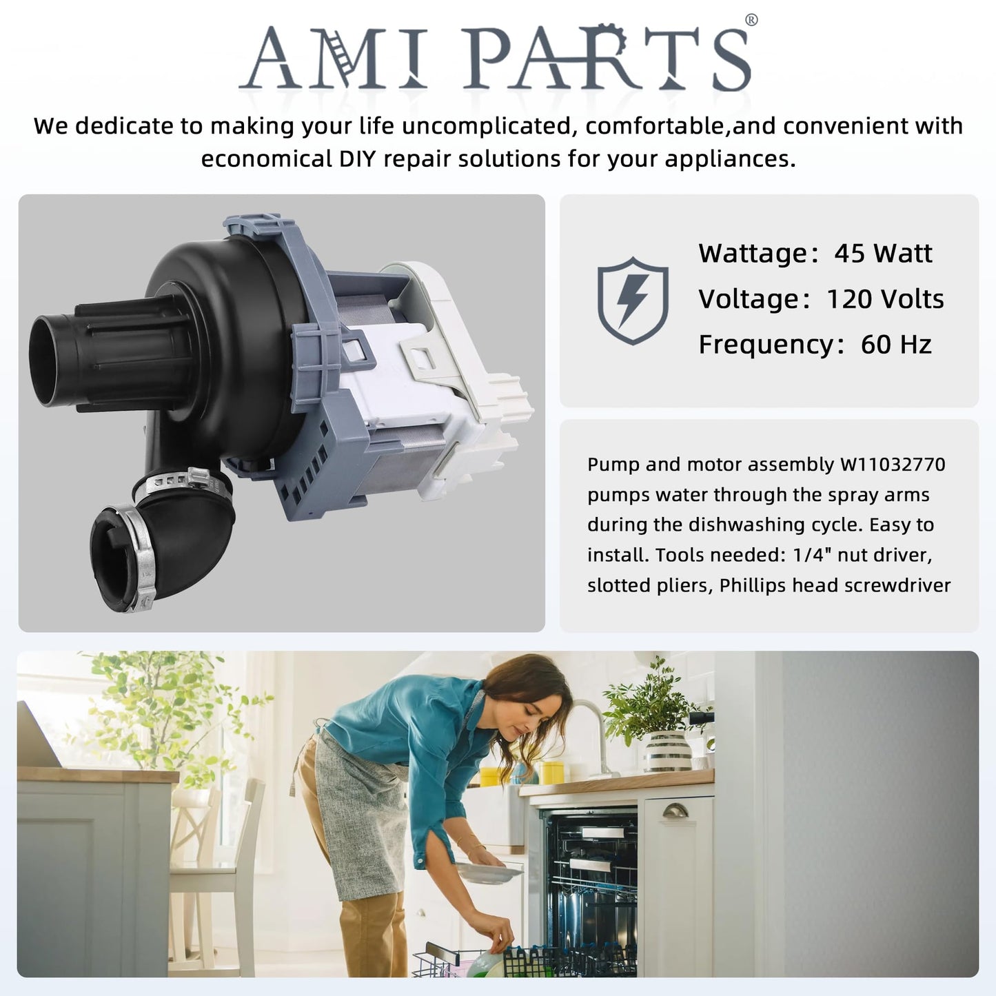 W10529163 W11032770 Circulation Pump W10885542 Dishwasher Pump and Motor Assembly Compatible with Whirlpool Kenmore Kitchen.aid Dishwashers by AMI PARTS