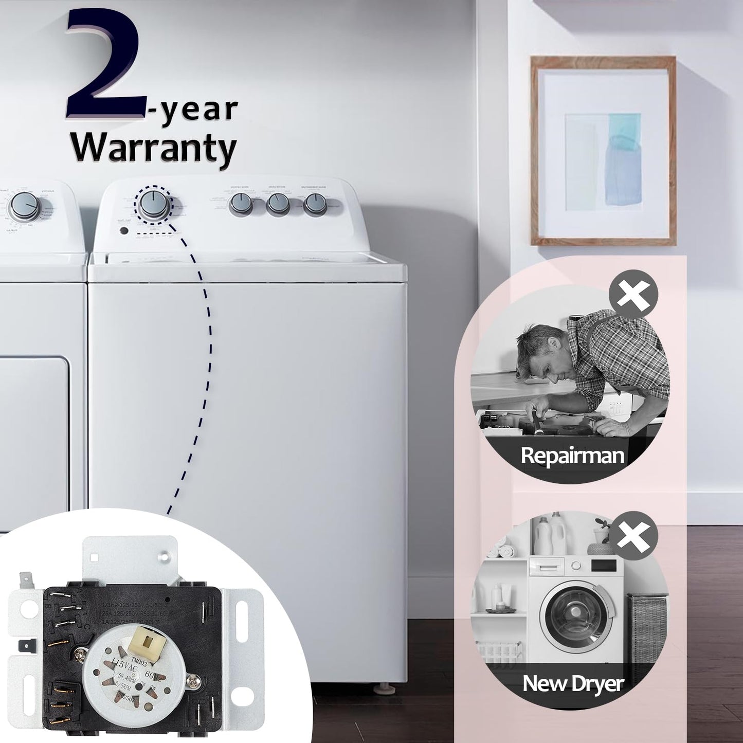 W10642928 Dryer Timer Compatible with Maytag 7MMGDC400DW1, MEDX655DW1, MGDX655DW0, MGDX655DW2, WPW10642928 Dryer Timer Replacement for 4448993, PS11756913, AP6023568, 115V AC 60Hz, 2-Year Warranty