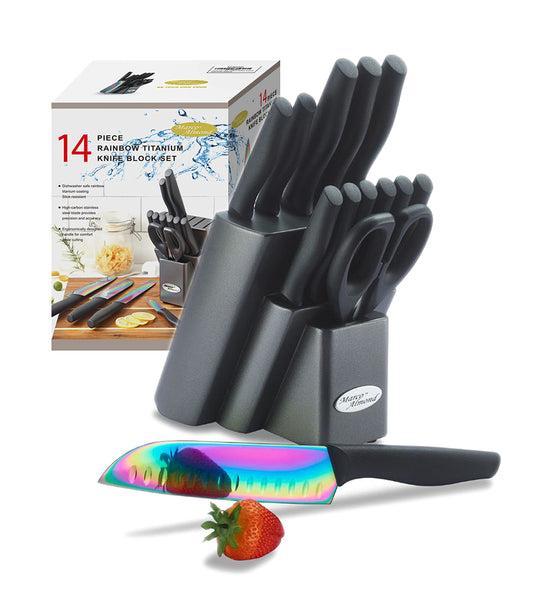 Marco Almond Knife Set with Block, 14 Piece Rainbow Titanium Knife Block Set, KYA25 Cooking Steak Knives set with Black Handle.