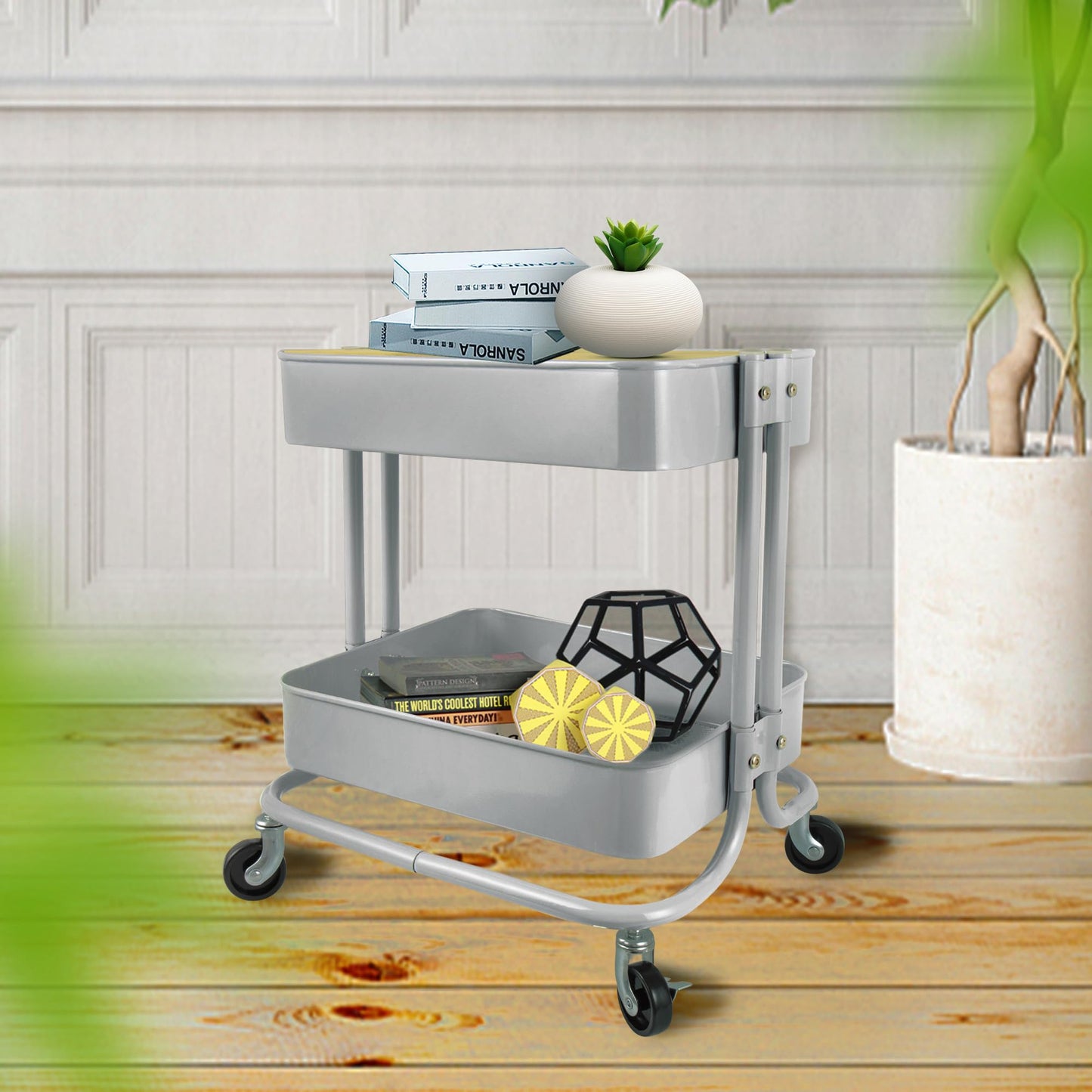 PUNP 2 Tier Rolling Cart,Metal Utility Cart with Wheels and Cover for Office Home Kitchen Organization