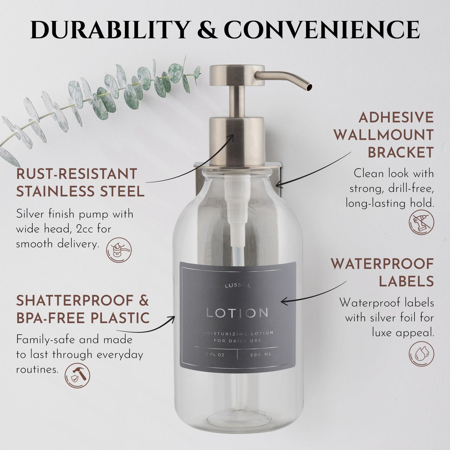 Shower Shampoo Dispenser Wall Mounted – 3 Refillable 16.9 oz Clear Bottles with Stainless Steel Pumps & No-Drill Adhesive Holders – Soap Dispenser Set for Bathroom (3 X Clear/Silver)
