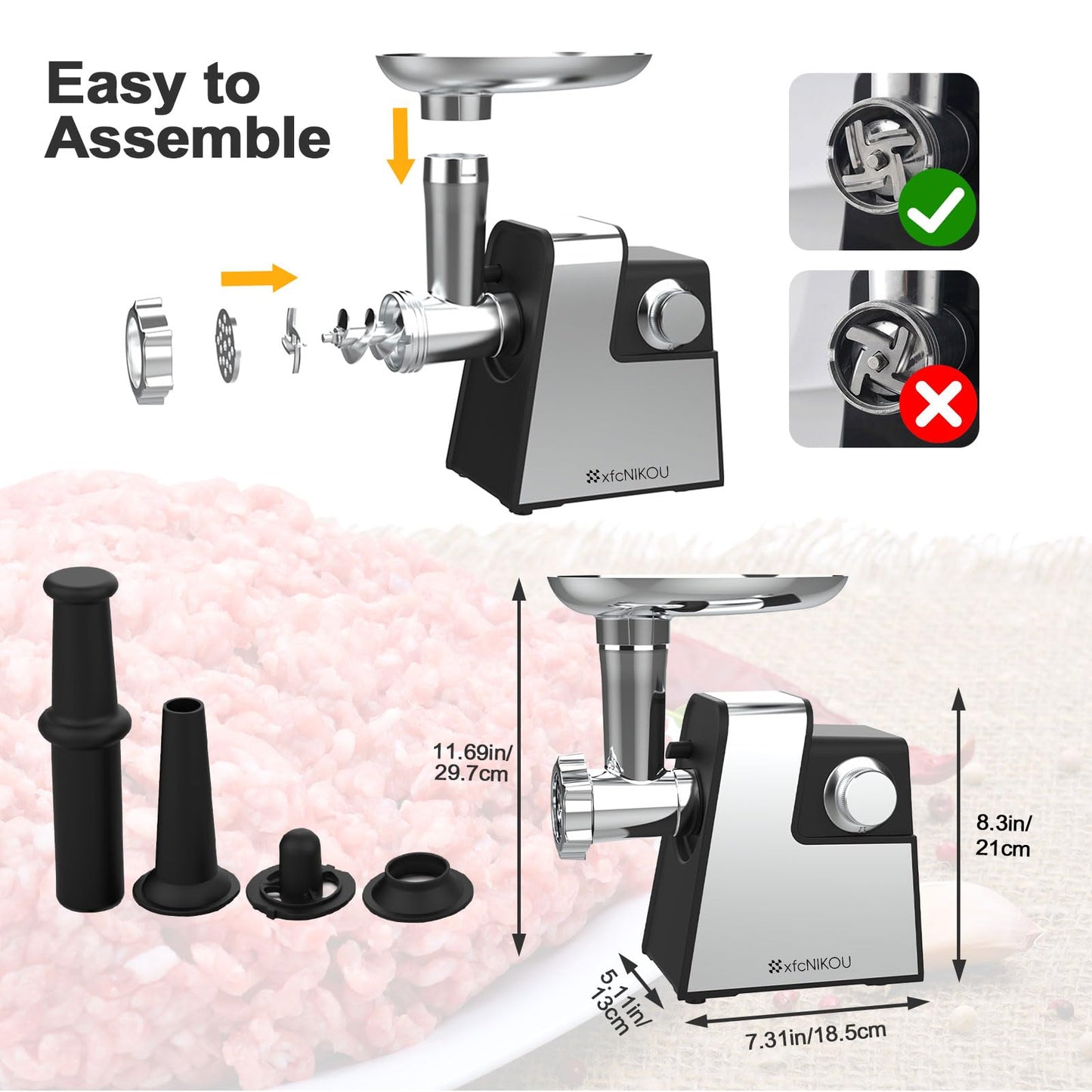 XFCNIKOU Electric Meat Grinder, 2800W Max Sausage Stuffer,Stainless Steel Meat Mincer With 2 Blades, 3 Plates, Sausage Tube And Kubbe Kit For Home Kitchen Use