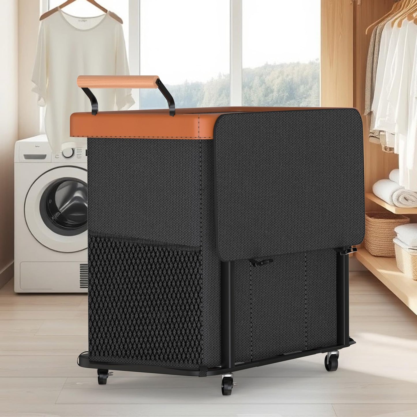 60 Gal (230L) Laundry Hamper 3 Section with Lid, Leather Patchwork Laundry Sorter with Rolling Lockable Wheels and Handle, Laundry Basket Organizer for Laundry Room, Bedroom and Bathroom - Black