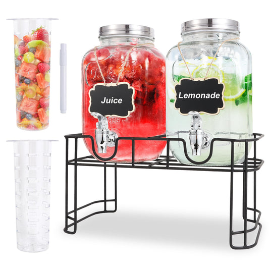 1 Gallon Glass Drink Dispensers For Parties-Set of 2,Drink Dispenser with Fruit Infuser & Stand,Juice or Beverage Dispenser for BBQ, Picnic, Party,Laundry Detergent Dispenser