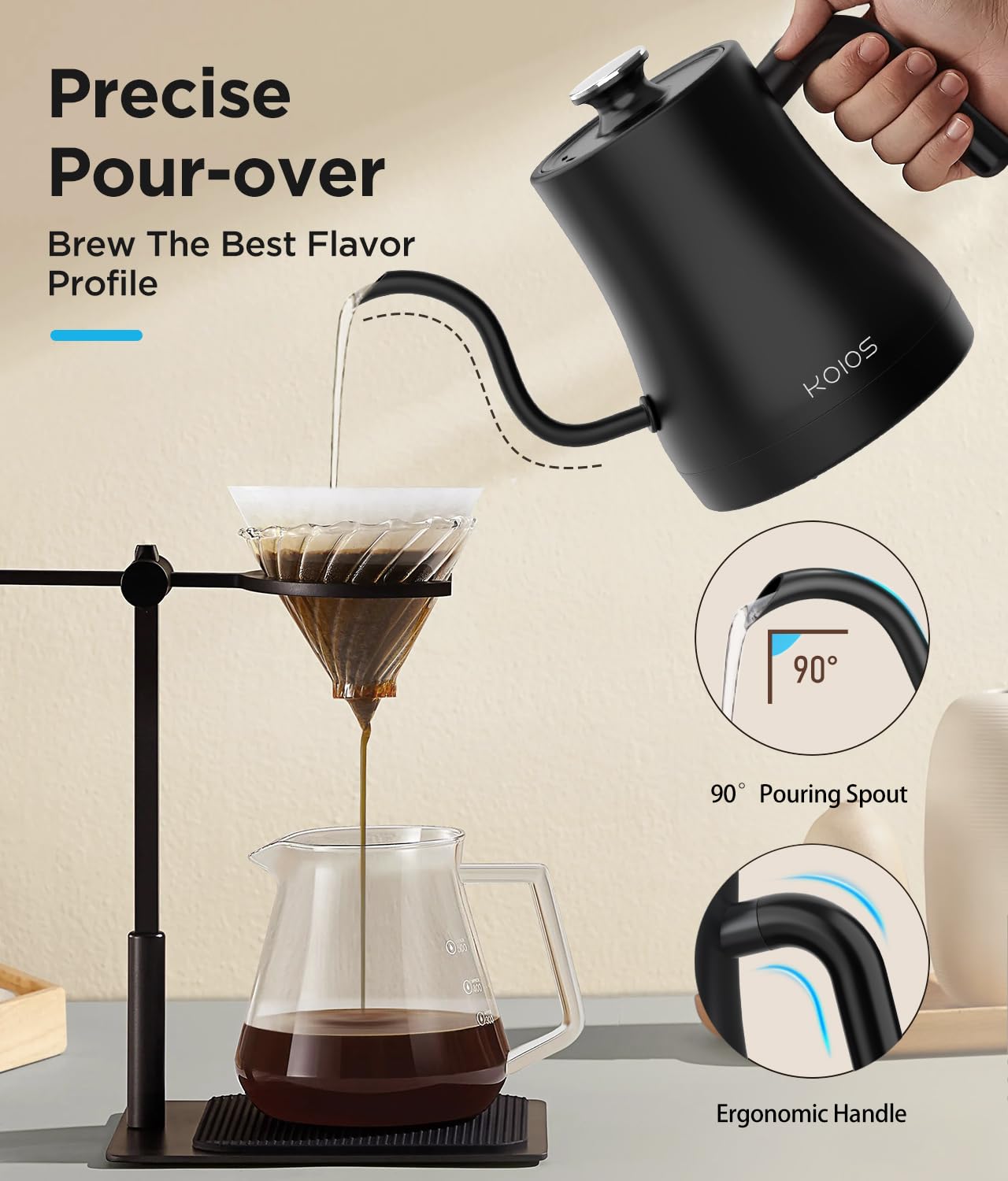 KOIOS Gooseneck Electric Kettle with ±1℉ Temperature Control & Mute Mode, 0.8L Pour Over Kettle for Coffee & Tea, 1200W Quick Heating Stainless Steel Water Boiler with 4Hrs Keep Warm, Matt Black
