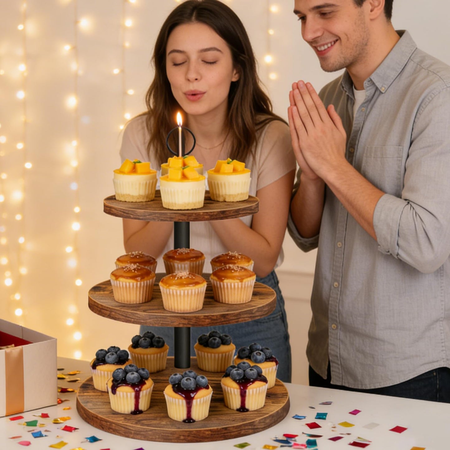 OugeWood Cupcake Stand, 3 Tier Cake Stands Rustic Dessert Table Display Set Wood Cupcake Tower Cake Stand Tiered Tray Stand for Wedding Birthday Baby Shower 2 Pack