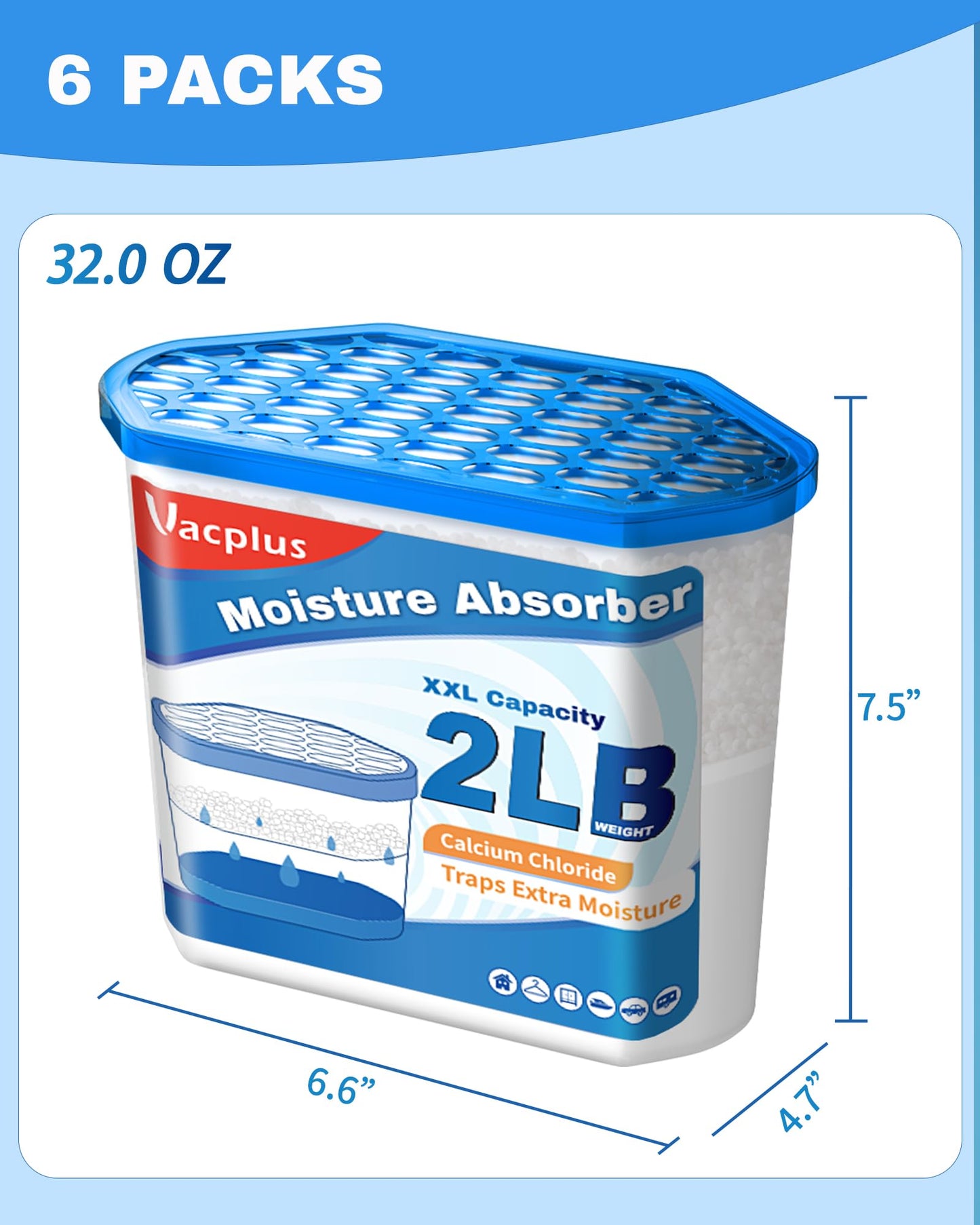 Vacplus Moisture Absorber Buckets – Large Capacity Dehumidifier and Humidity Absorber for Closet, Basement, Bathroom, RV, and Storage Areas, Unscented, 2 lbs, 6 Pack