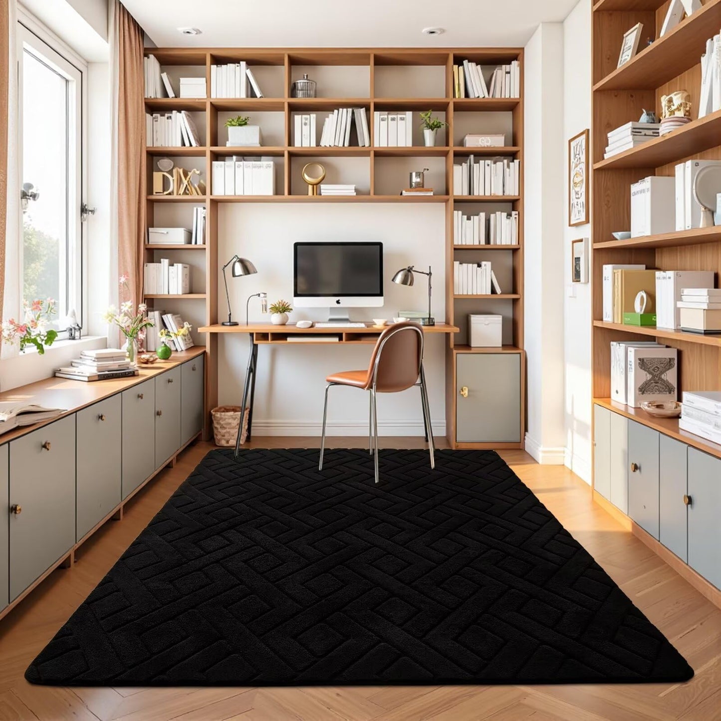 Flagover 5x7 Black Washable Area Rug for Bedroom Living Room, Modern Geometric Shag Non-Slip Rugs, Fluffy Plush Soft Memory Foam Carpet for Kids Boys Room Nursery