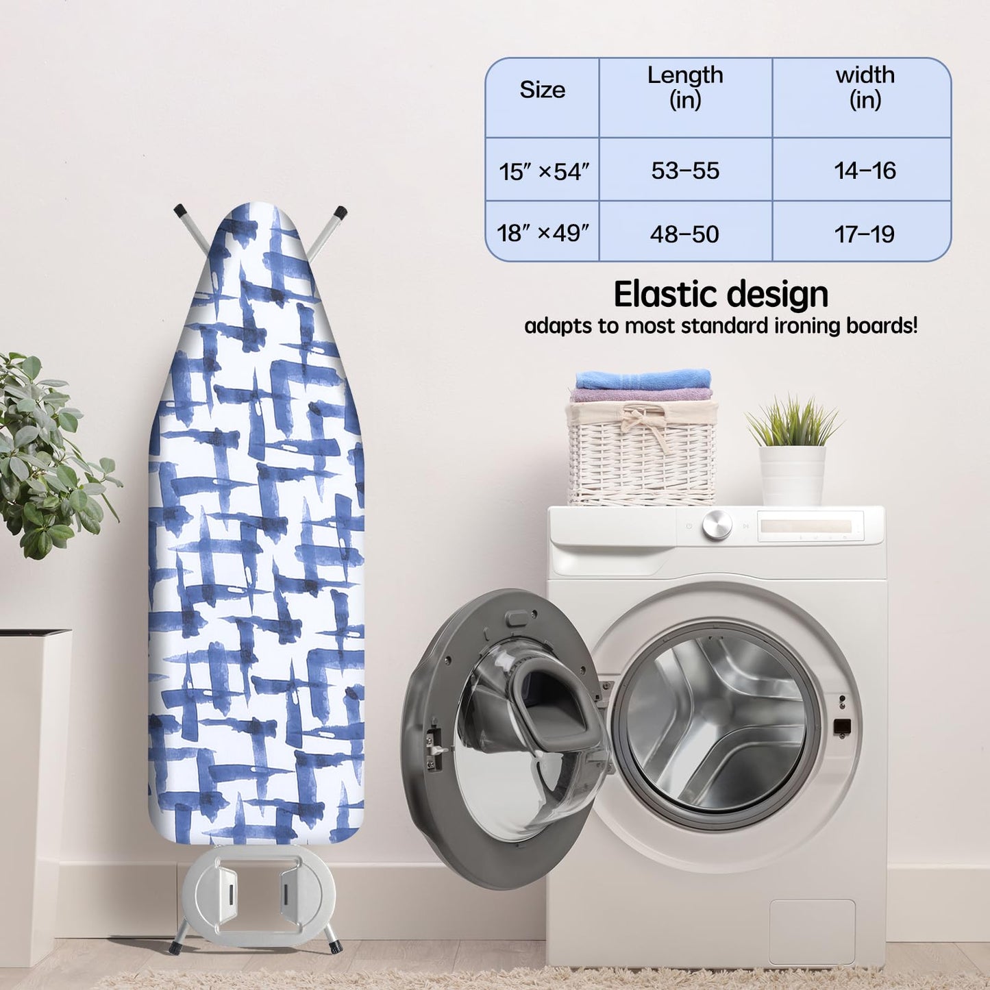 Ironing Board Cover and pad - 15 x 54 Thick Padding 4 Layers with 2" Elastic, Stain Resistant & Durable Scorch, 2 Buckles for Easy Installation in Laundry Room, Blue Brushstrokes (NO Board)