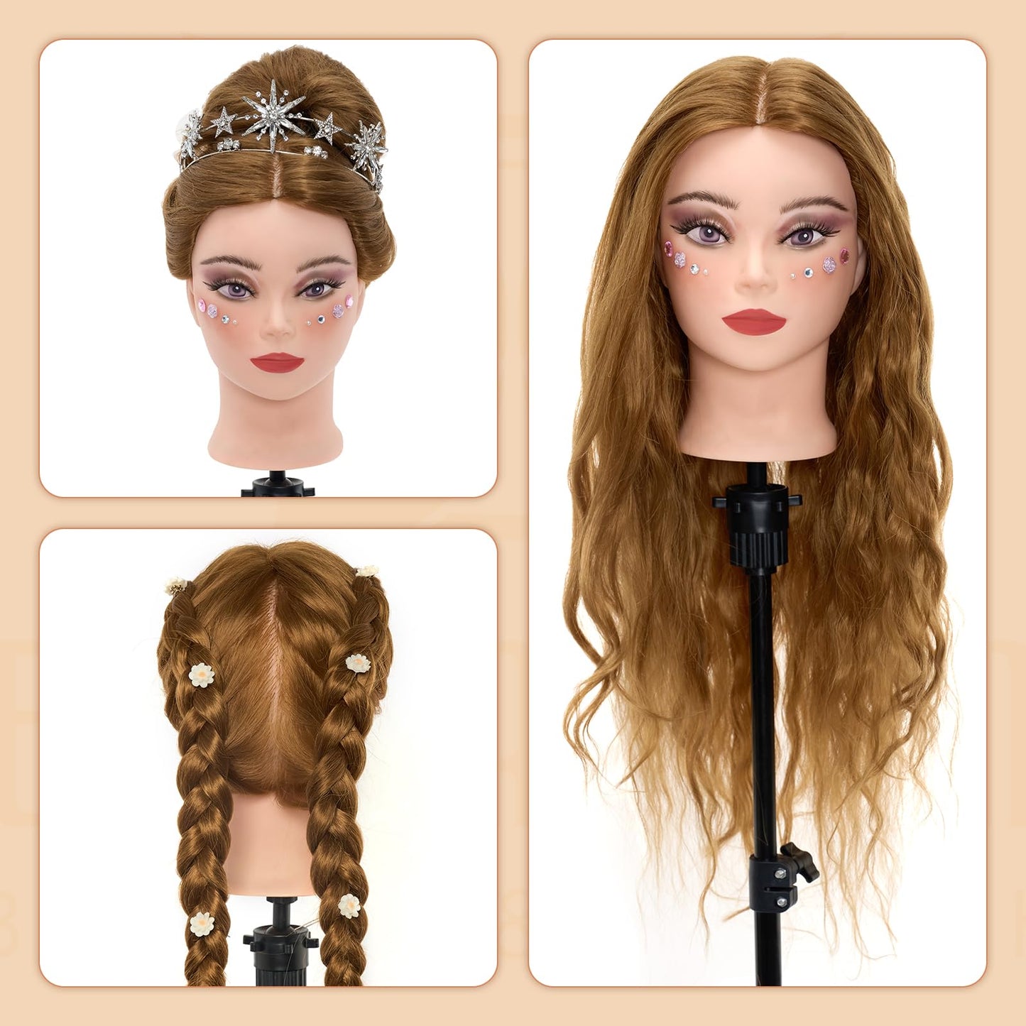 Mannequin Head with 60% Real Human Hair, 28 Inch Make up Cosmetology Manikin Practice Head with Hair,Braiding Hairdressing Doll Head for Hair Styling with Table Clamp + DIY Hair Styling Set