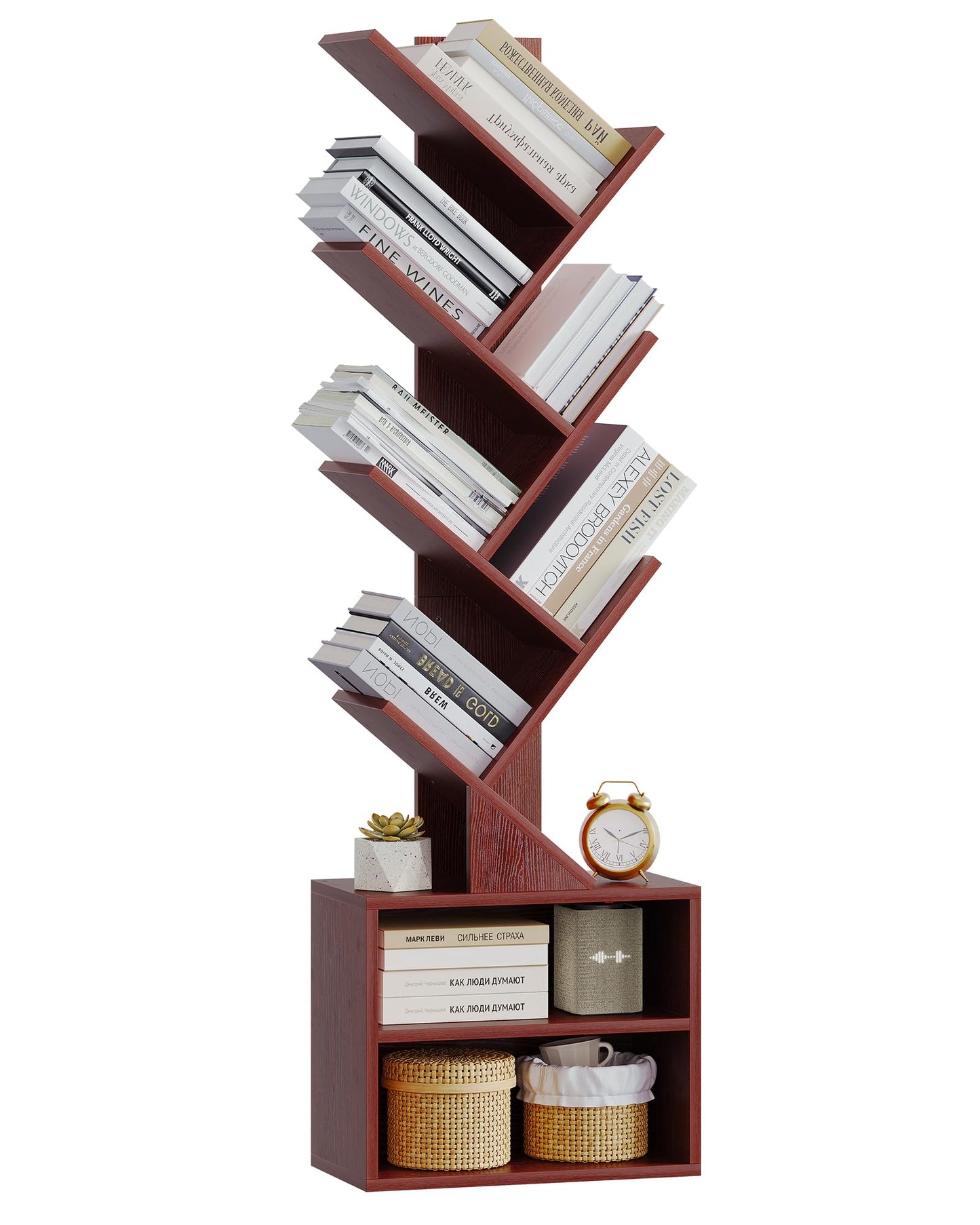 SUNMORY 6 Tier Tree Bookshelf, Tall Bookcase with Storage Cabinet, Modern Narrow Bookshelves Organizer, Floor Standing Book Shelf for Bedroom/Living Room/Home Office/Corner, Cherry