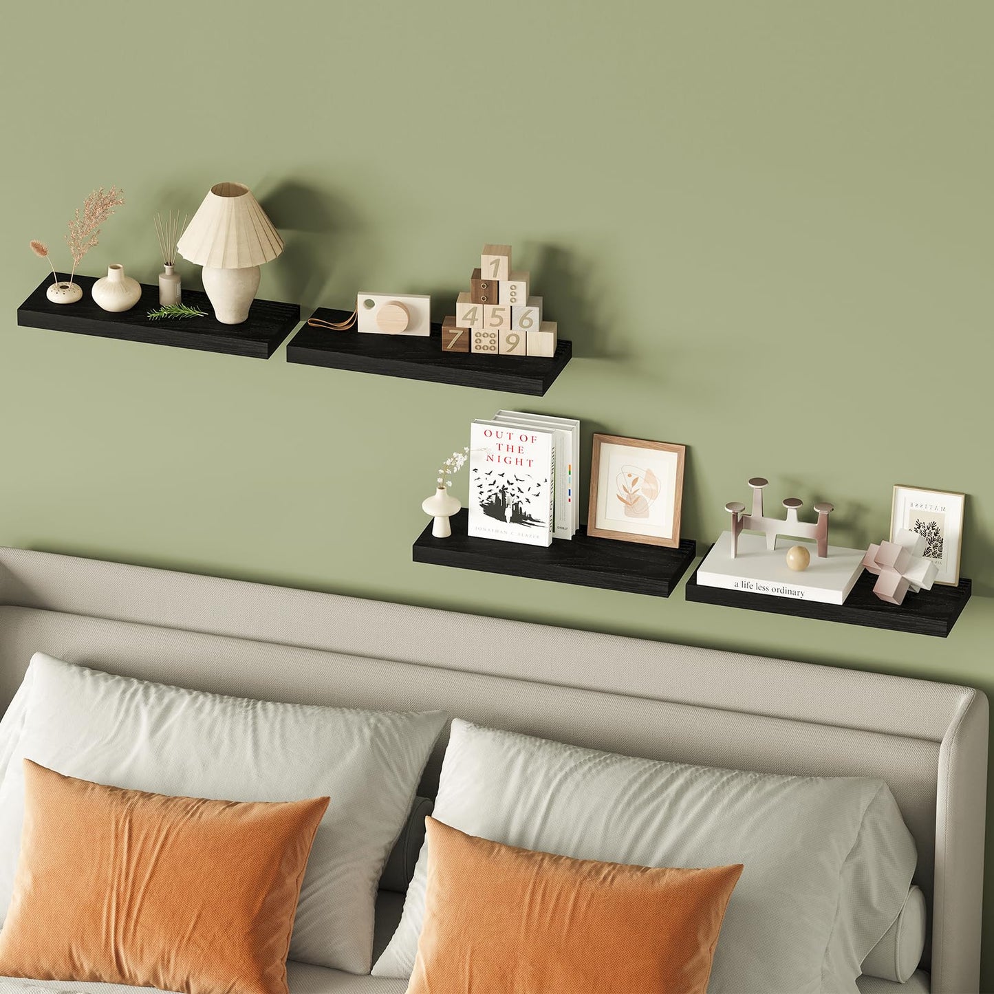 Fixwal Black Floating Shelves for Wall, Rustic Wood Shelves for Bathroom, Living Room, Bedroom and Kitchen, Wall Shelves for Storage, Books, Room Decor (Set of 4, 15.8 Inch)