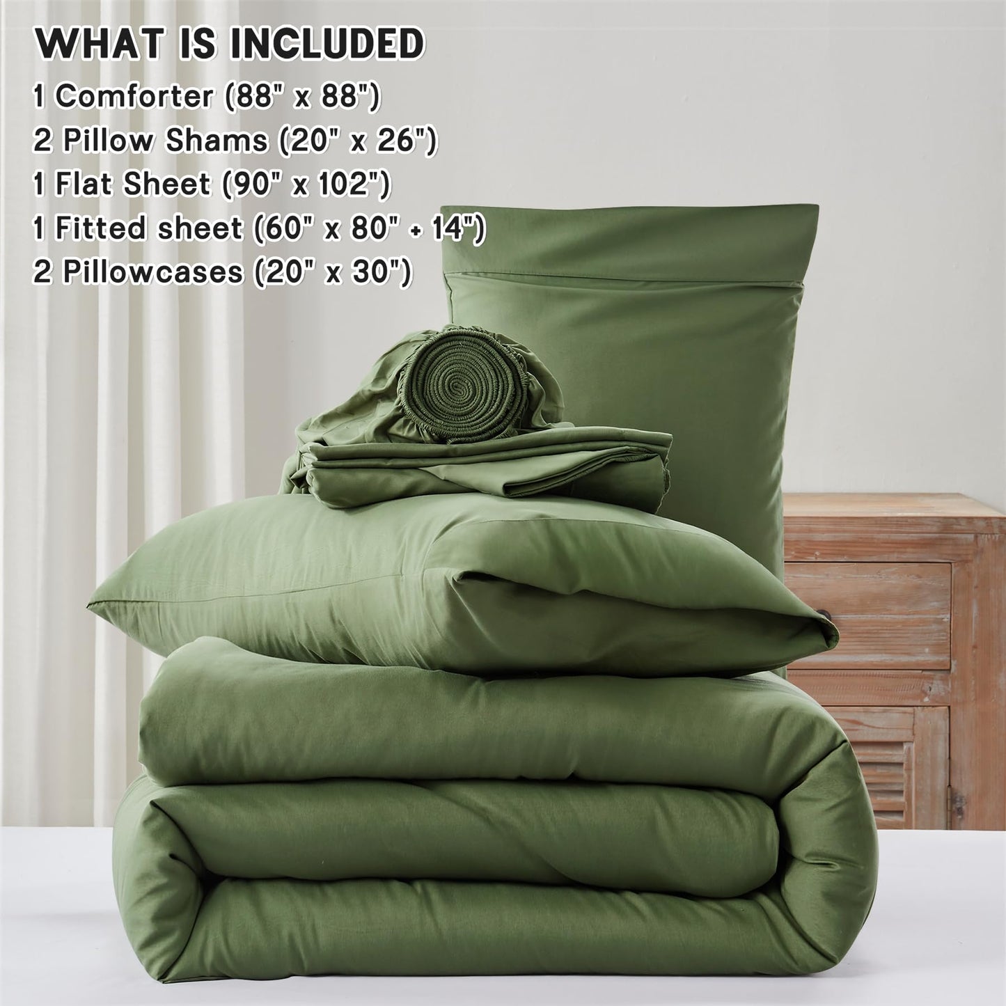 Anluoer Queen Comforter Set 7 Pieces, Green Bed in a Bag Queen Size, Lightweight Bedding Set with 1 Comforter, 2 Pillowcases, 2 Pillow Shams, 1 Flat Sheet, 1 Fitted Sheet