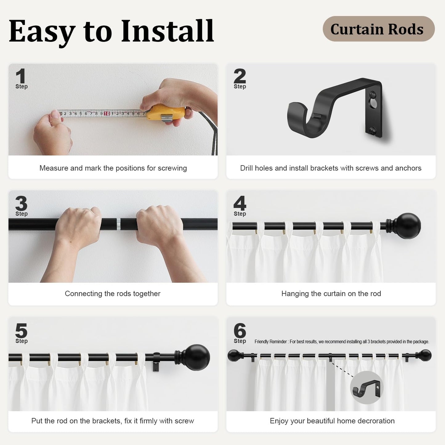 Black Curtain Rods for Windows 72 to 144 Inch 1" Diameter Heavy Duty Metal Adjustable Extra Long Blackout Traverse Window Treatment Rods with Decorative Finials Doorway Living Room Bedroom Kitchen