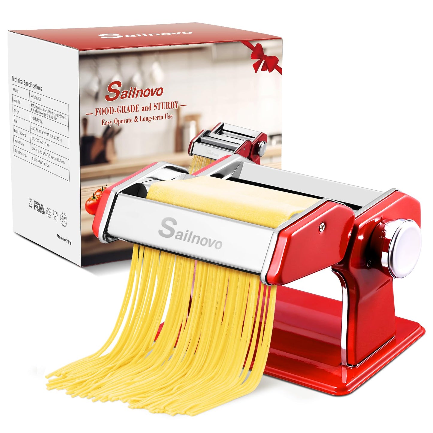 Sailnovo Pasta Maker Machine, 180 Roller Pasta Maker, 9 Adjustable Thickness Settings 2-in-1 Noodles Maker with Rollers and Cutter, Perfect for Spaghetti, Fettuccini, Lasagna or Dumpling Skin Red
