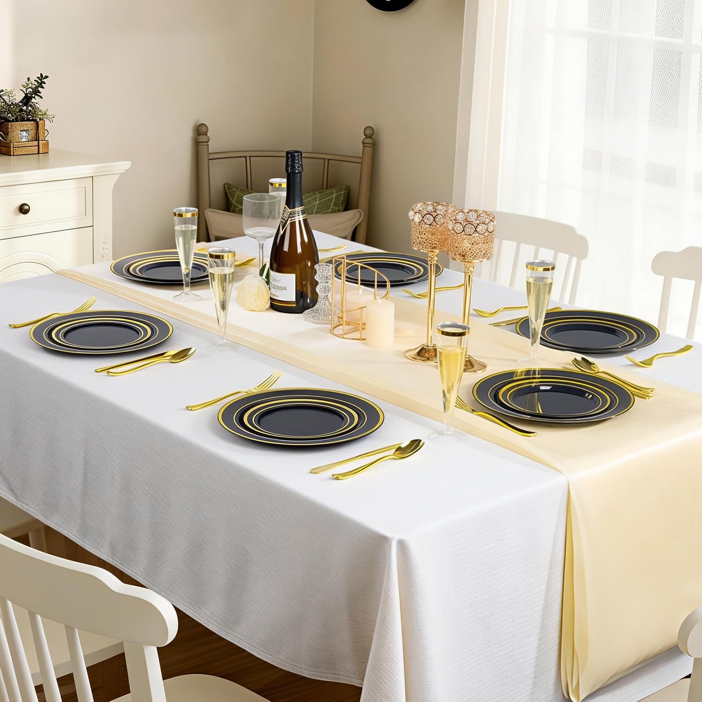 BESTVIP 200PCS Black Plastic Plate with Gold Rim, Disposable Party Plates with 100 Dinner Plates and 100 Dessert Plates, Plastic Plates for Party, Wedding and Birthday