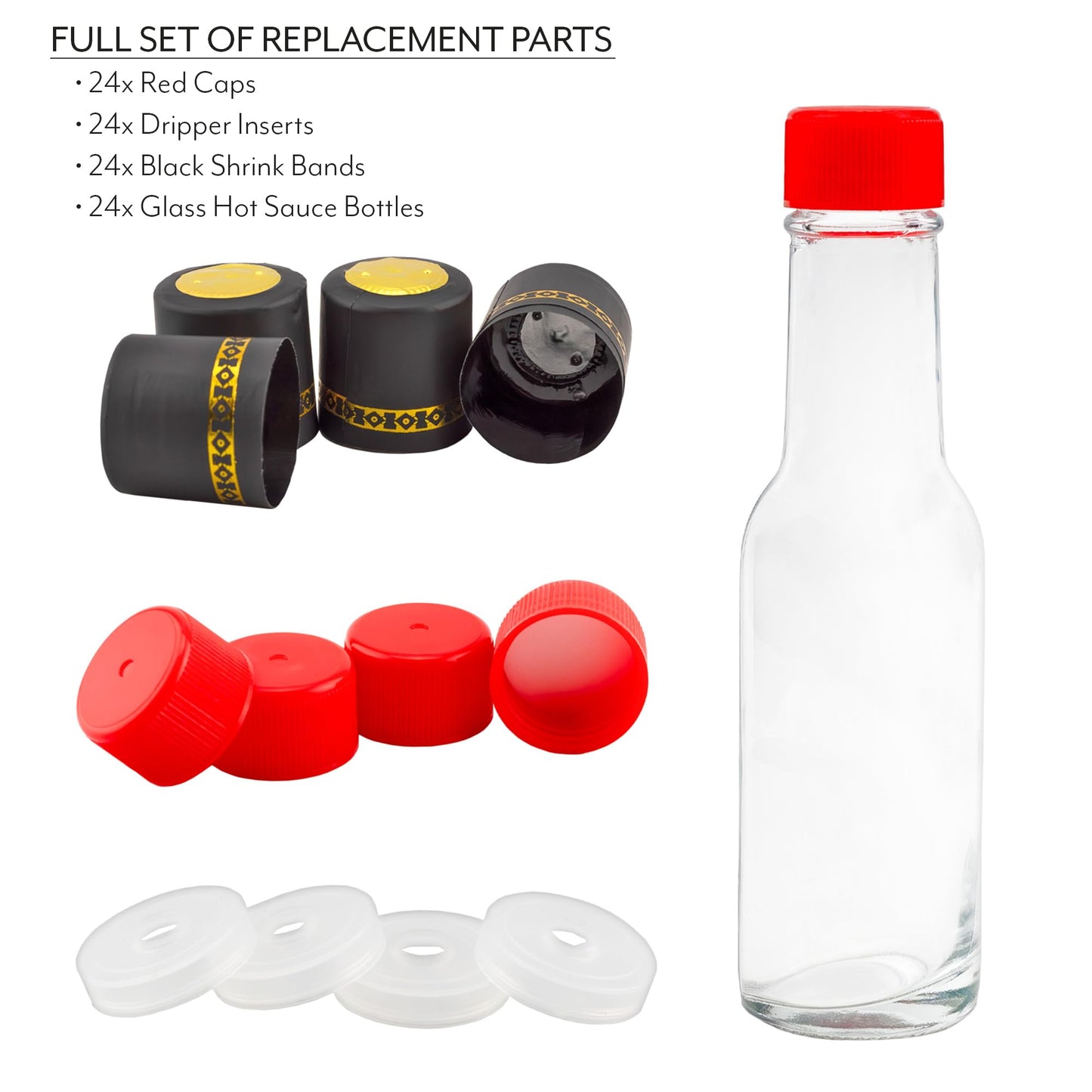 Cornucopia 3oz Mini Hot Sauce Bottles (24-Pack); Little Sauce Bottles w/Red Caps, Dripper Inserts, and Black Shrink Bands
