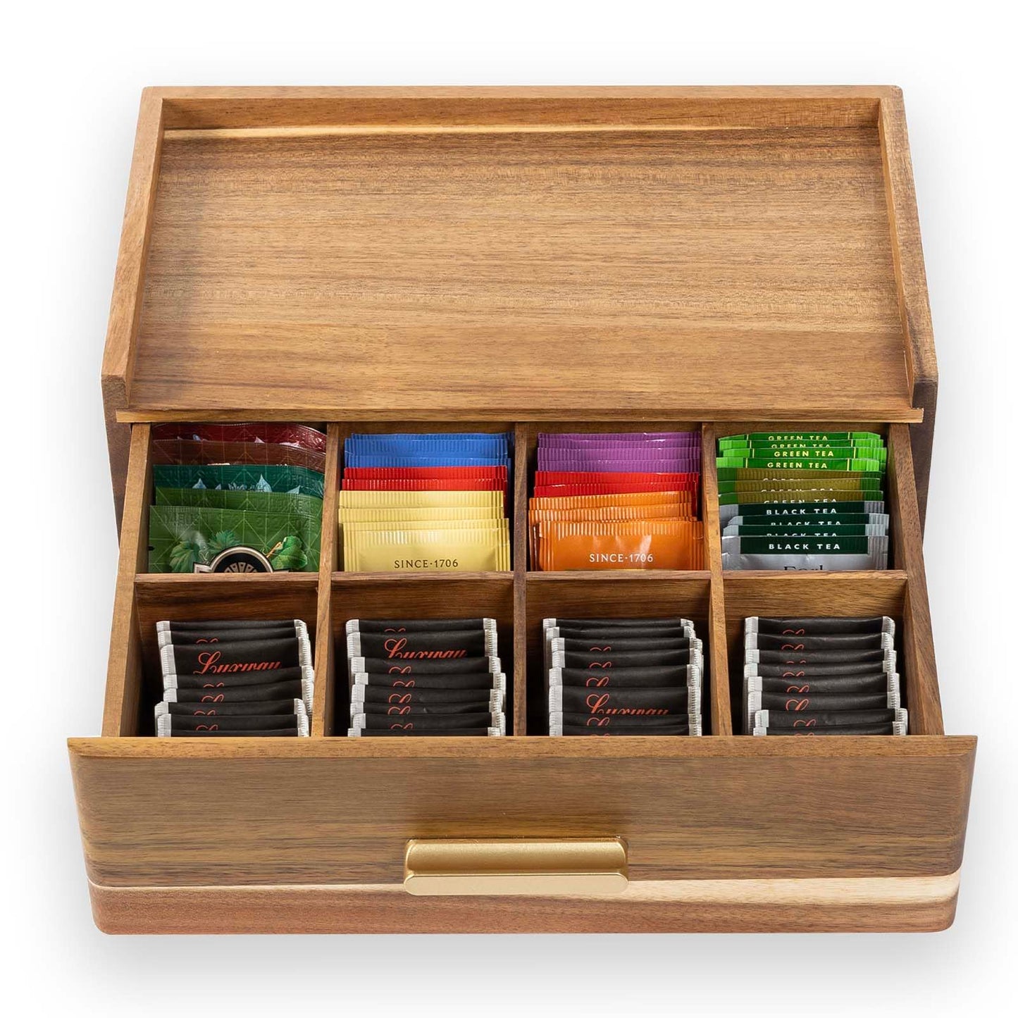 Acacia Wood Tea Bag Organizer, Tea Organizers and Storage Box, Tea Caddy for Tea Bags Storage Drawer, Teabag Holder Container Boxes for Countertop, Tea Station Chest Display Wooden, Organizador De Te