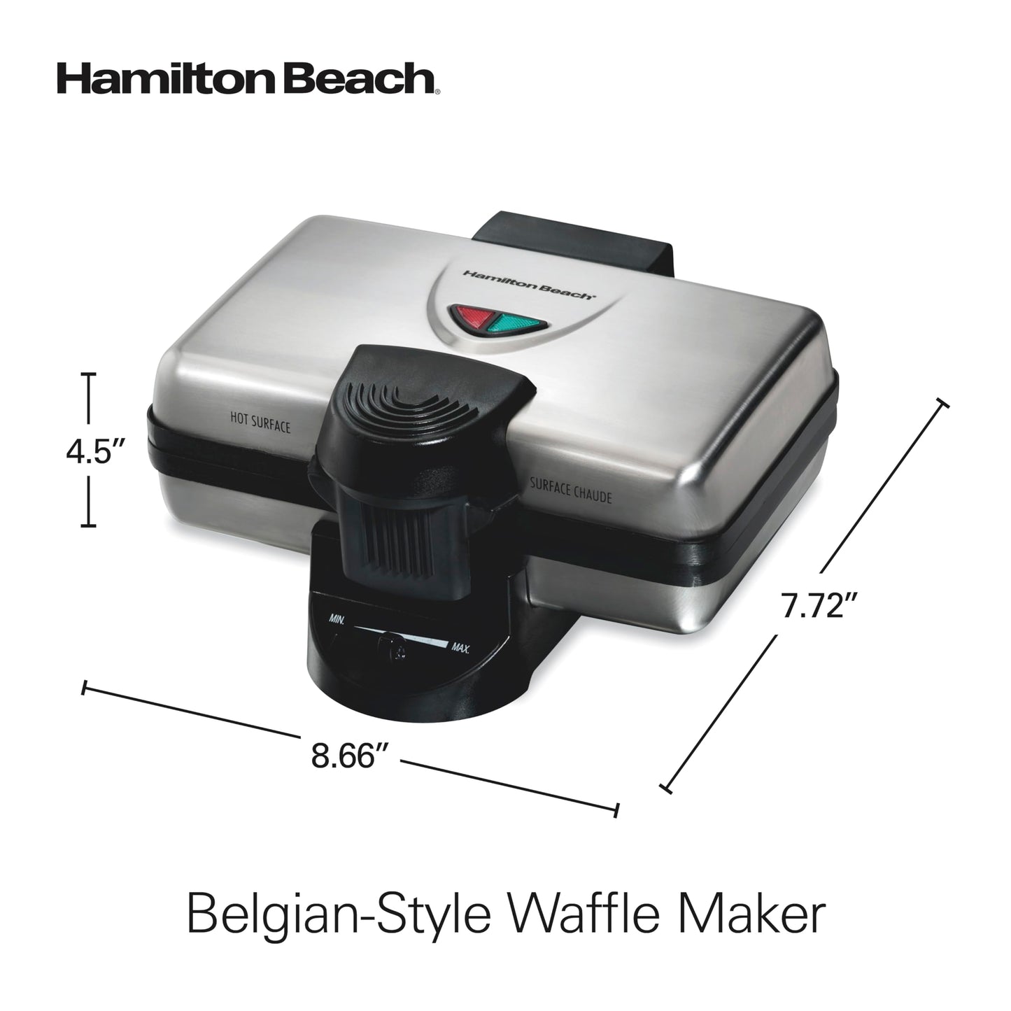 Hamilton Beach Belgian Mini Waffle Maker with Shade Control, Makes 2 at Once, Create Personalized Keto Chaffles and Hash Browns, PFAS-Free Non-Stick Plates, Compact Design, Stainless Steel (26009)