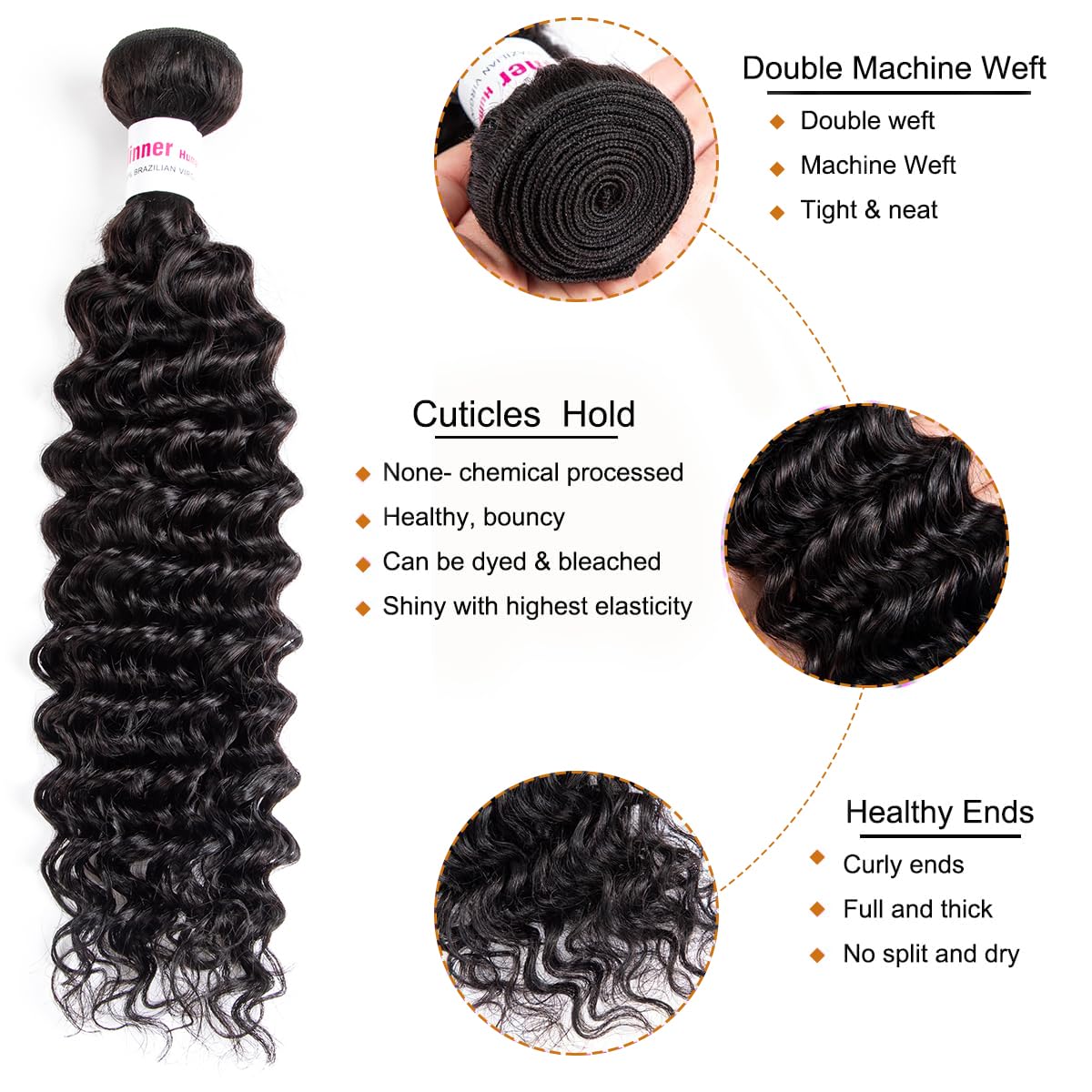 12A Deep Wave Human Hair Bundles 14 16 18 Inch Curly Bundles Human Hair 100% Unprocessed Human Hair Bundles Deep Wave Weft Extensions Weave Natural Black (300g)