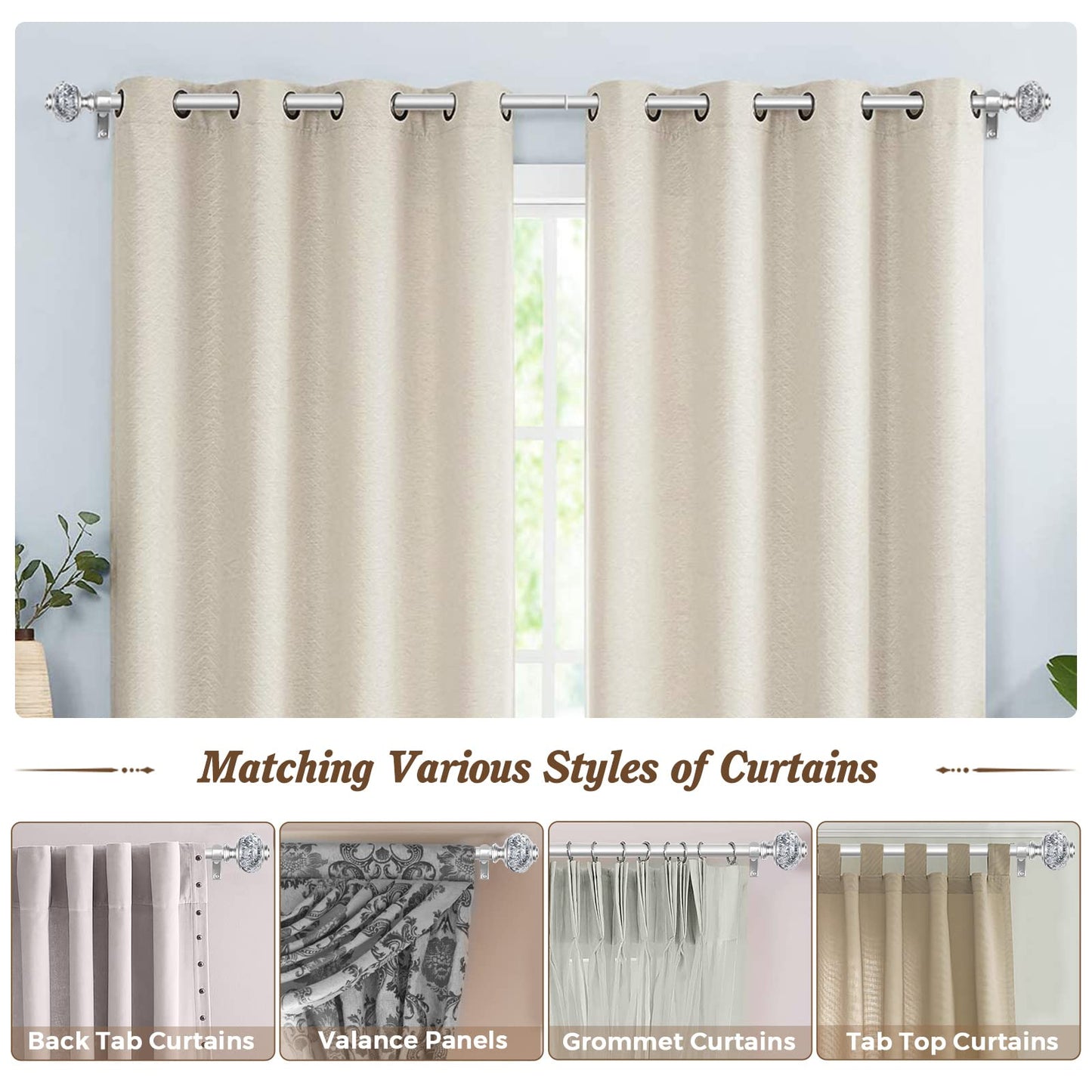 1 Inch Curtain Rods 72 to 144 Inches (6 to 12 ft) Telescoping Single Drapery Rod, USFOOK Heavy Duty Curtain Rods for Windows with Silver Decorative Translucent Finials